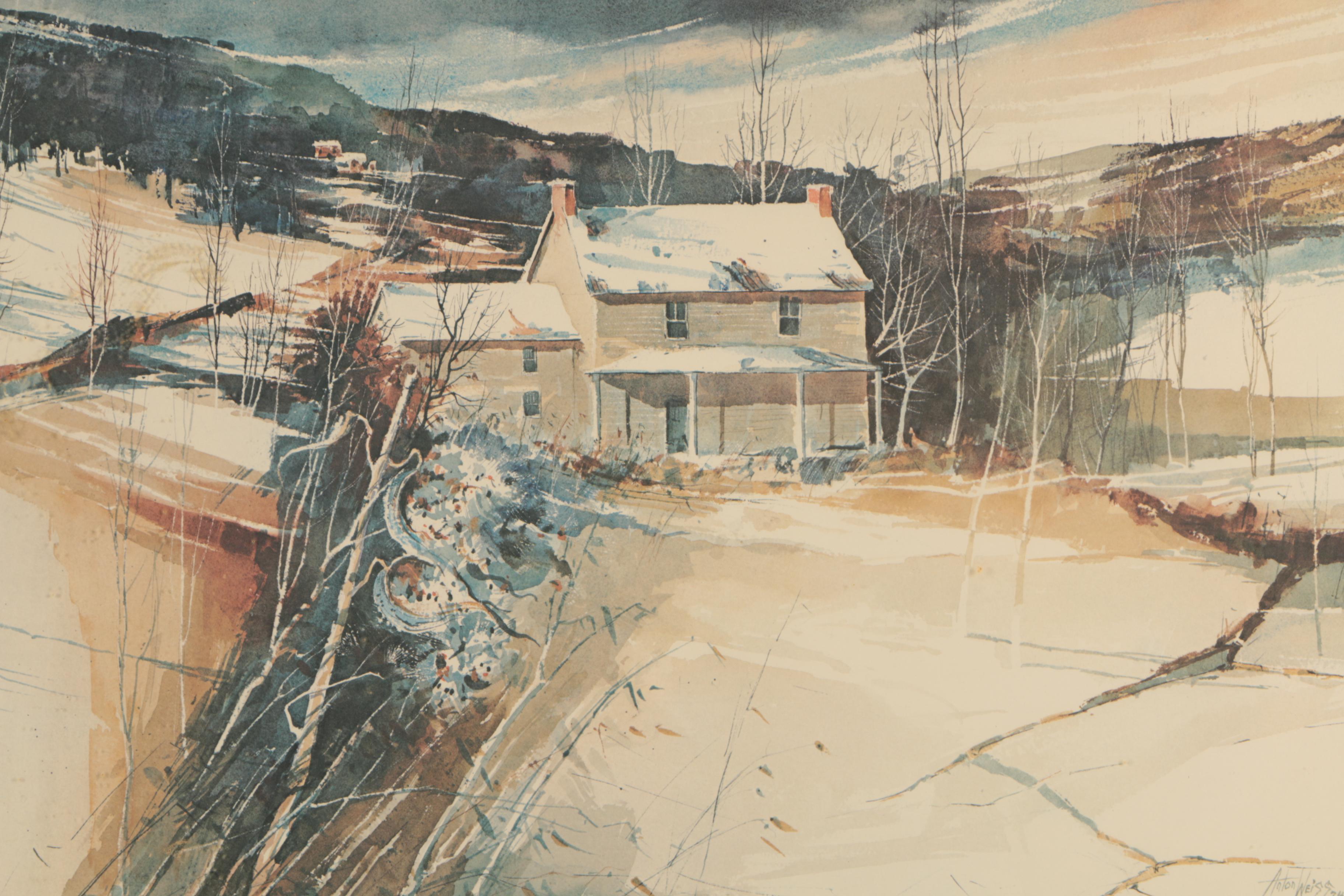 Anton Weiss Vintage Offset Lithographic Limited Edition Print "Winter Hills"