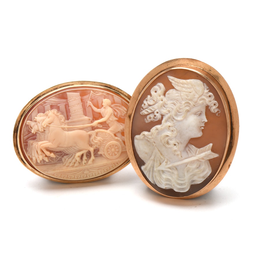 Pairing of Late Victorian Gold-Tone Carved Shell Cameo Brooches