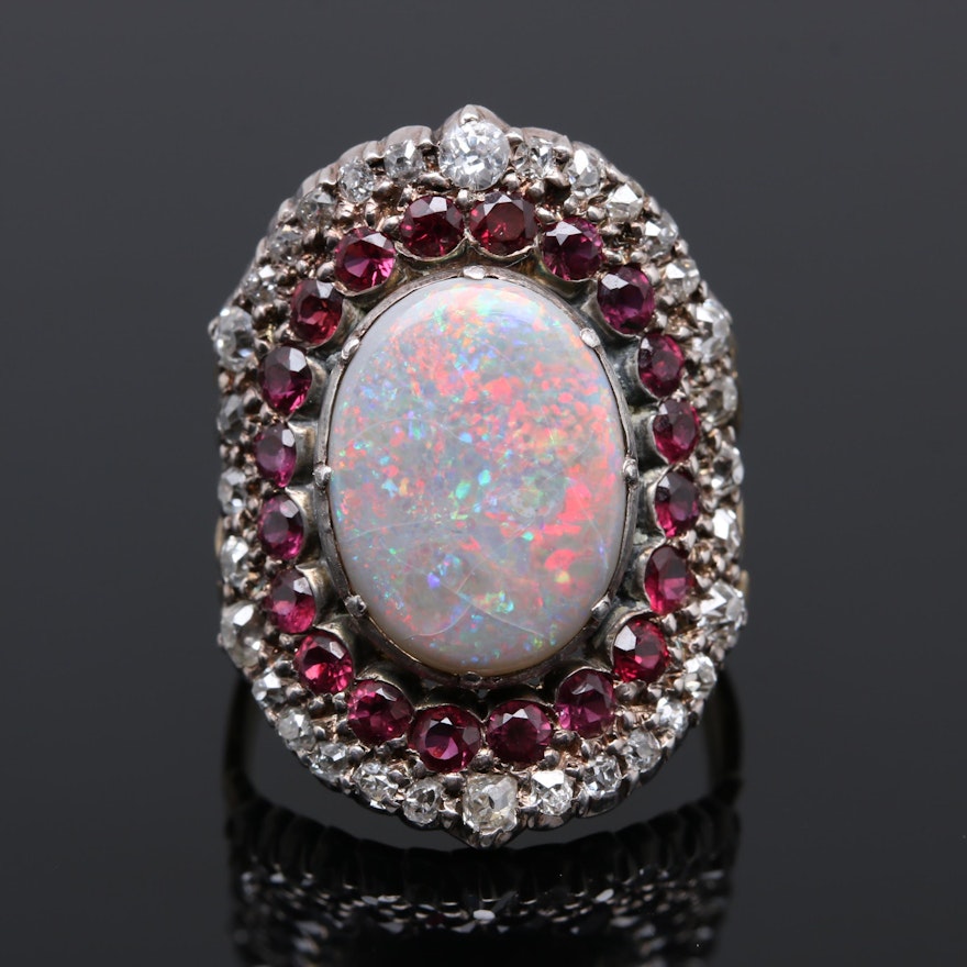 10K Yellow Gold and Sterling Silver Opal, Ruby, and Diamond Ring