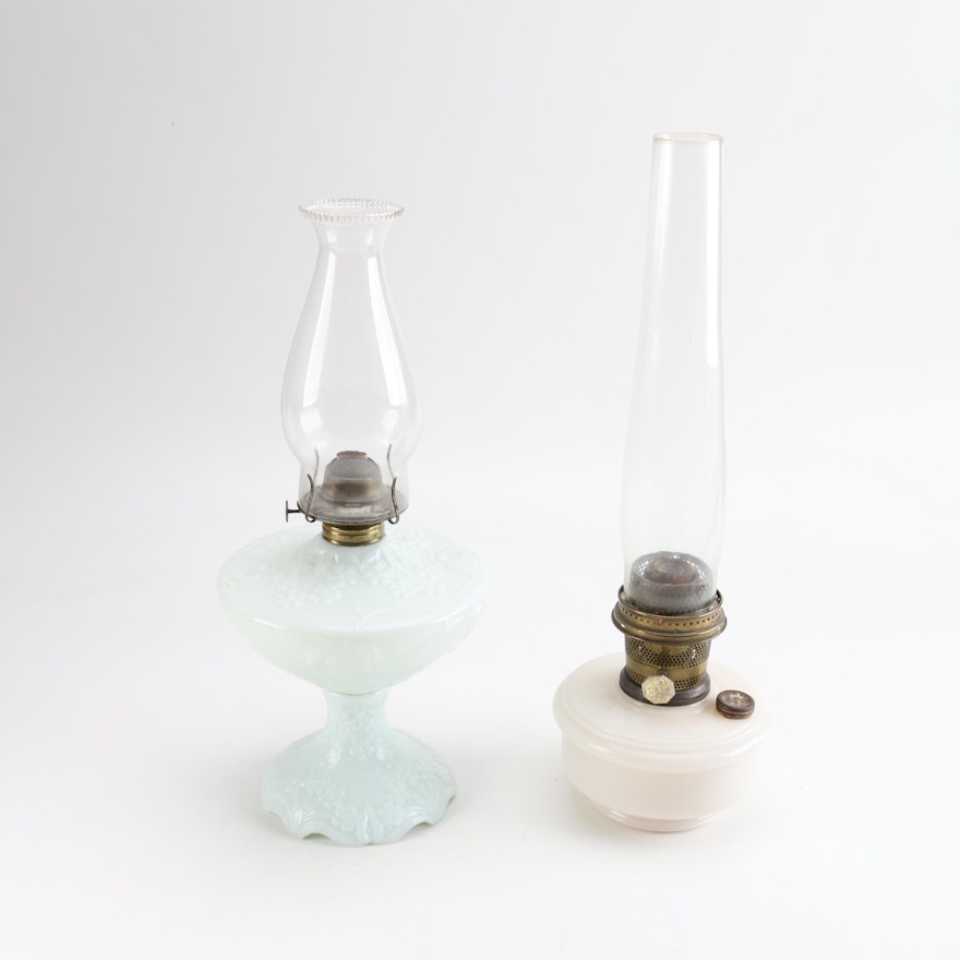 Milk Glass Oil Lamps with Clear Glass Hurricane Shades