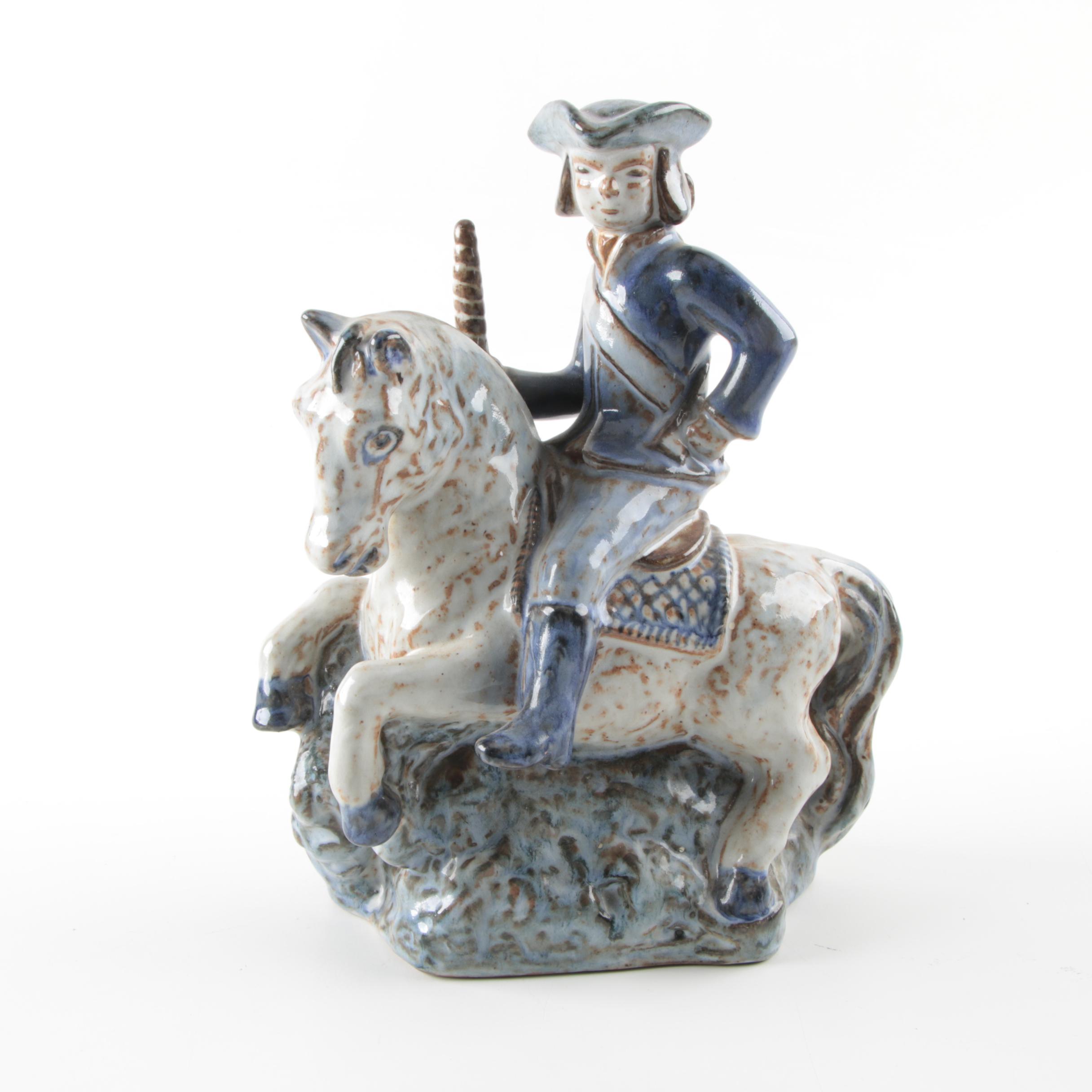 L. Hjorth Denmark Pottery Stoneware Figurine of Man on Horse
