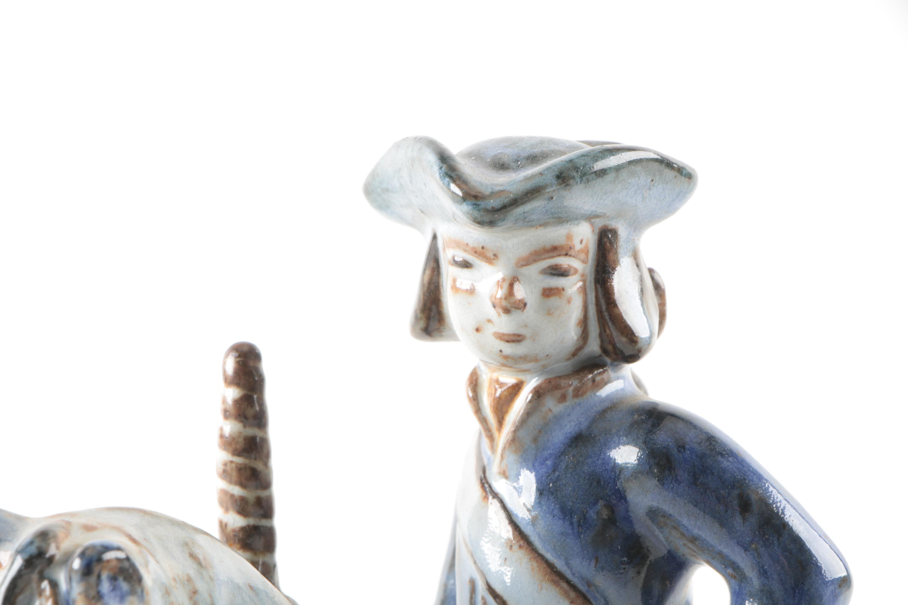 L. Hjorth Denmark Pottery Stoneware Figurine of Man on Horse
