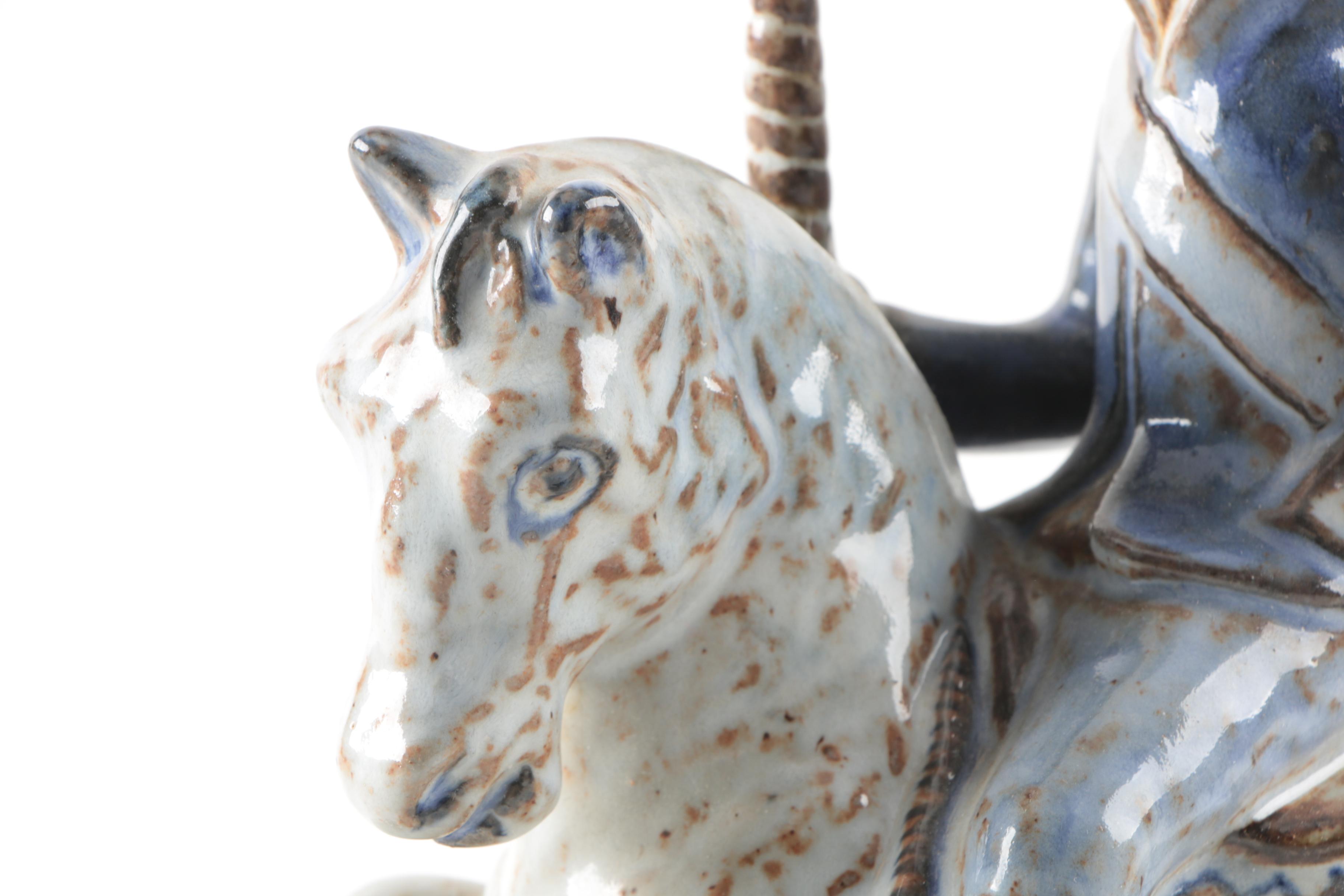 L. Hjorth Denmark Pottery Stoneware Figurine of Man on Horse