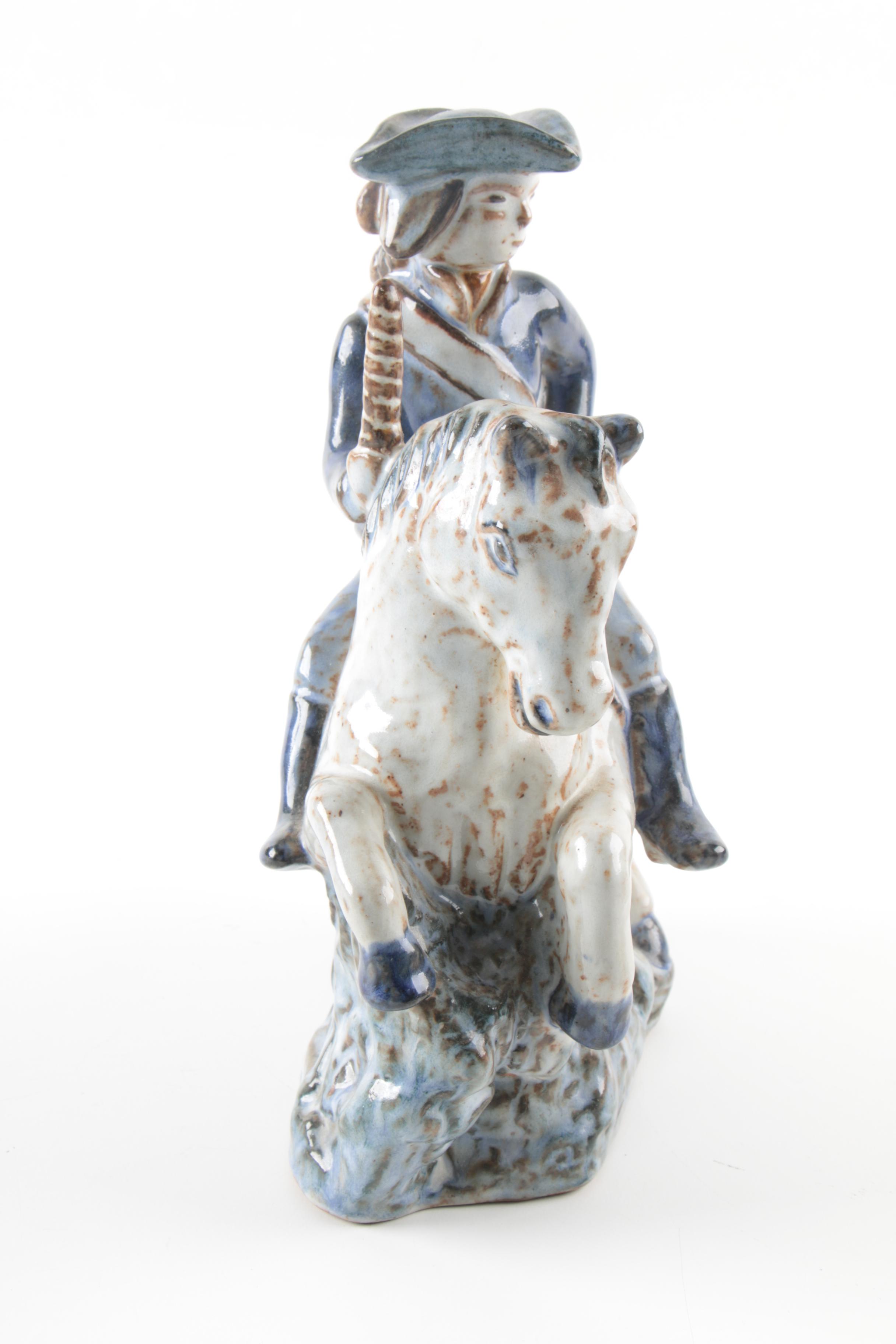 L. Hjorth Denmark Pottery Stoneware Figurine of Man on Horse