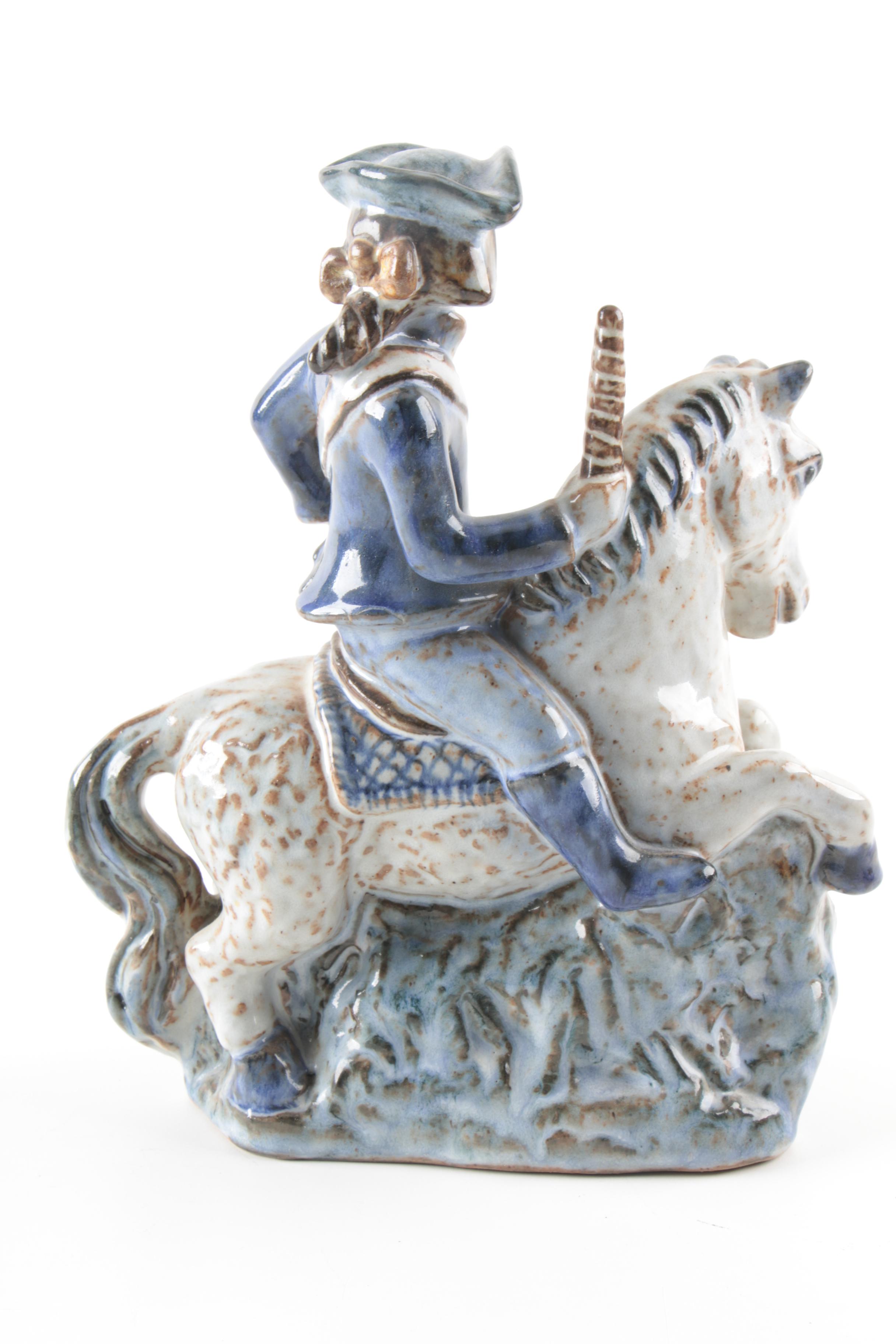 L. Hjorth Denmark Pottery Stoneware Figurine of Man on Horse