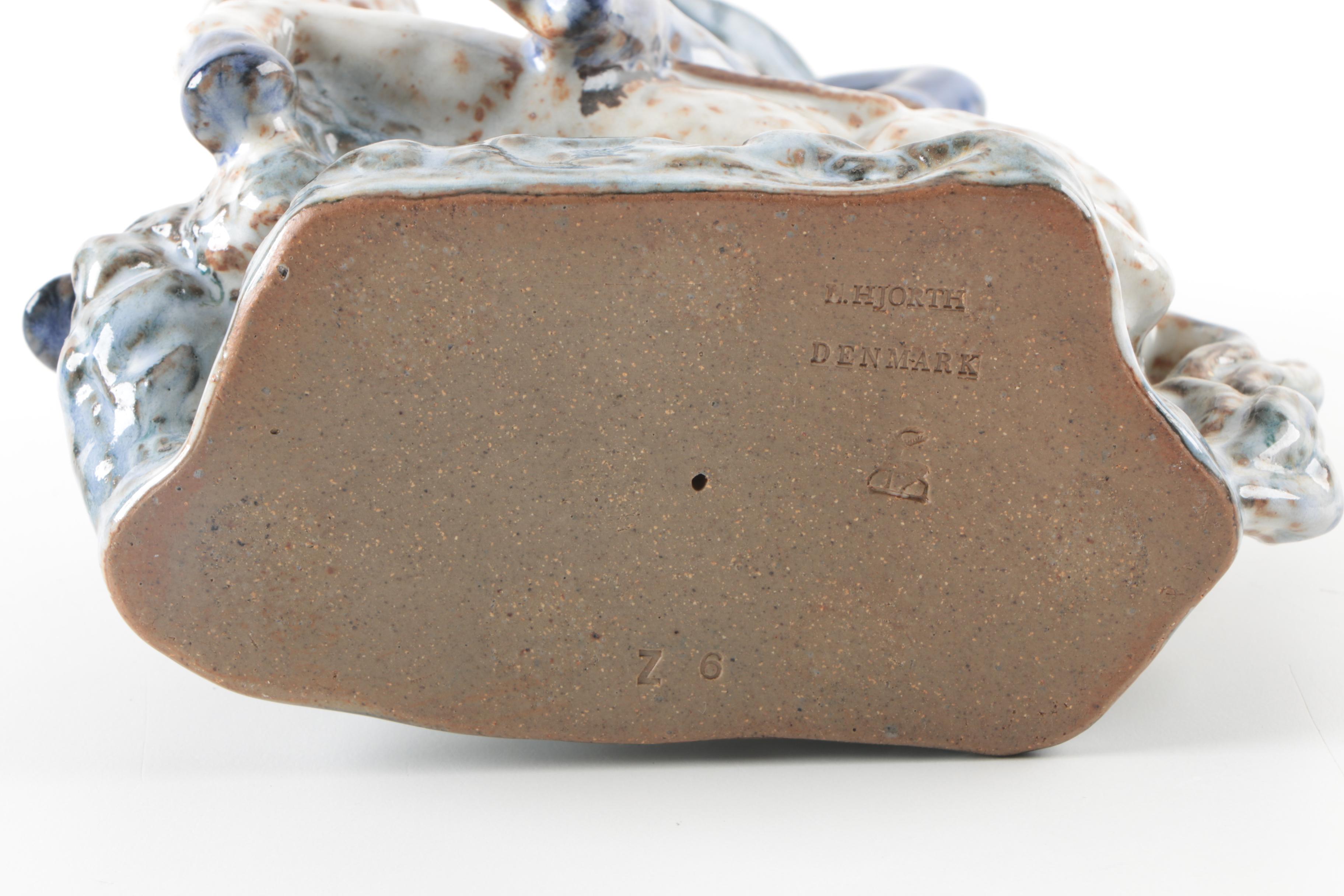 L. Hjorth Denmark Pottery Stoneware Figurine of Man on Horse