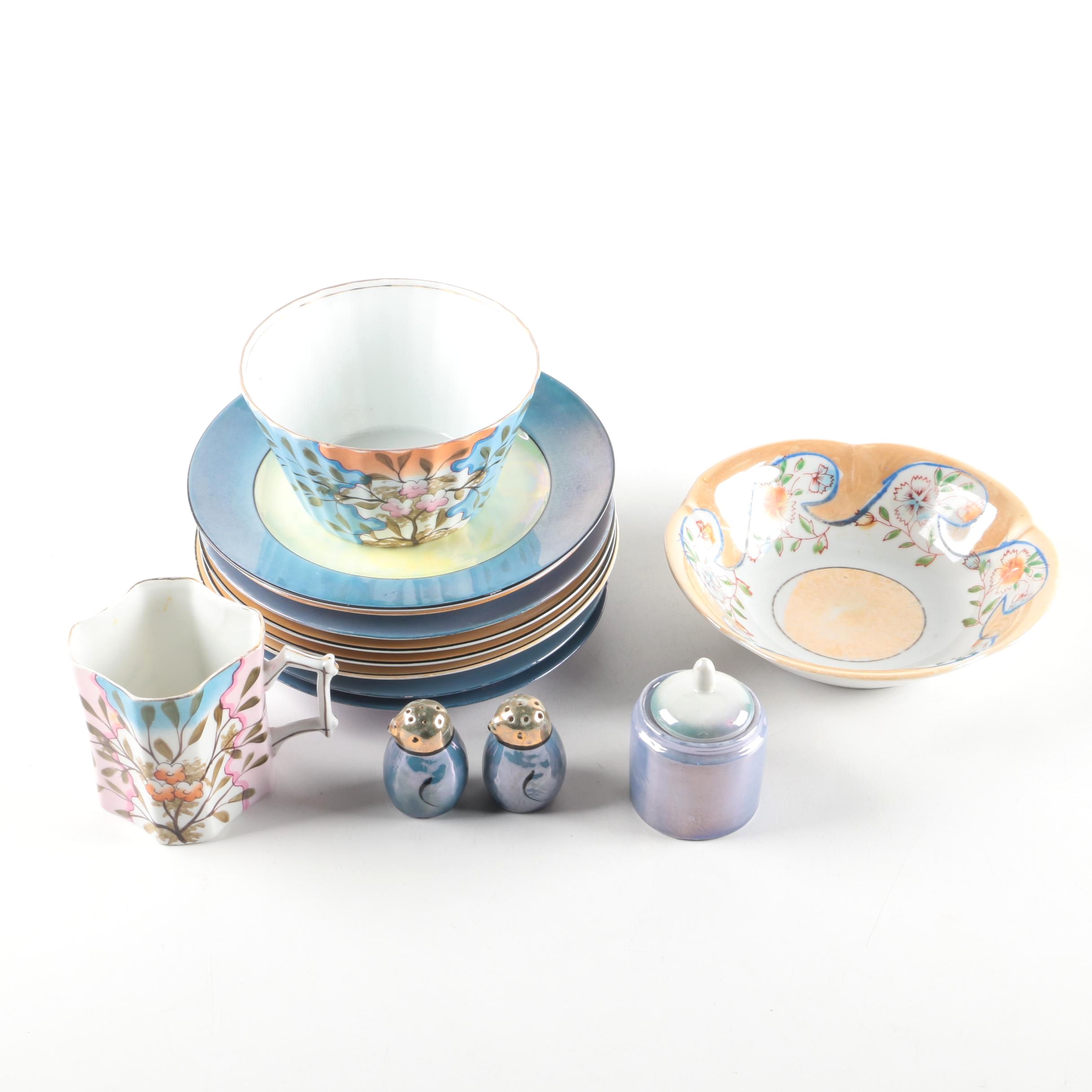 Vintage Blue and Peach Luster Tableware Including Richard Ginori and Atlas