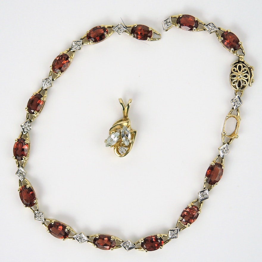 10K Gold Garnet Bracelet and Aquamarine Pendant with Diamonds