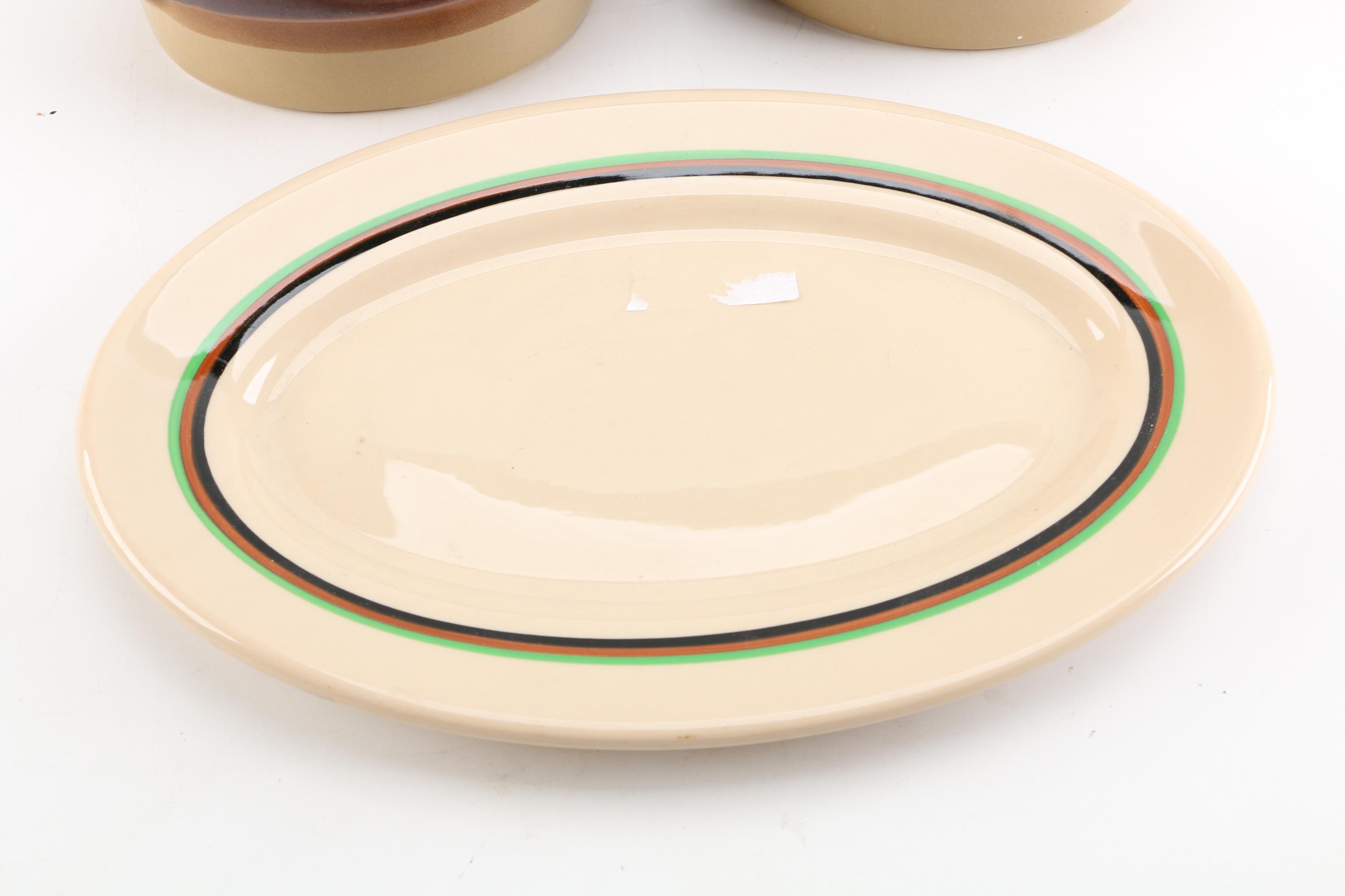 Vintage Shenango "Inca Ware" Platter and Brown Glazed Pottery Casserole Dishes