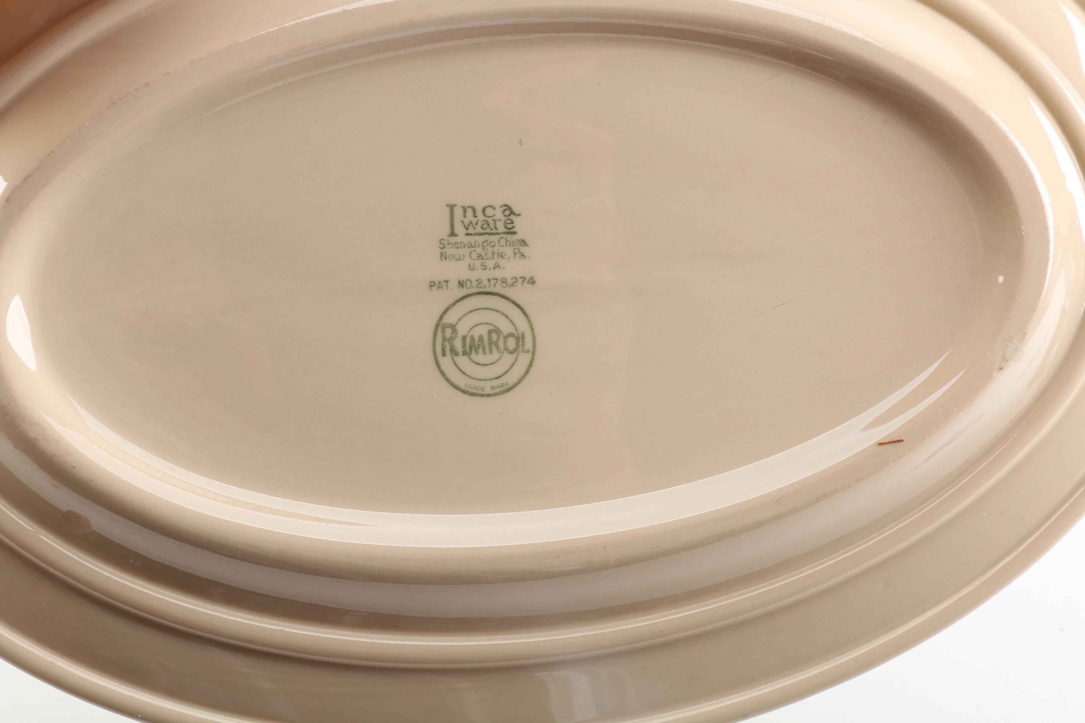 Vintage Shenango "Inca Ware" Platter and Brown Glazed Pottery Casserole Dishes