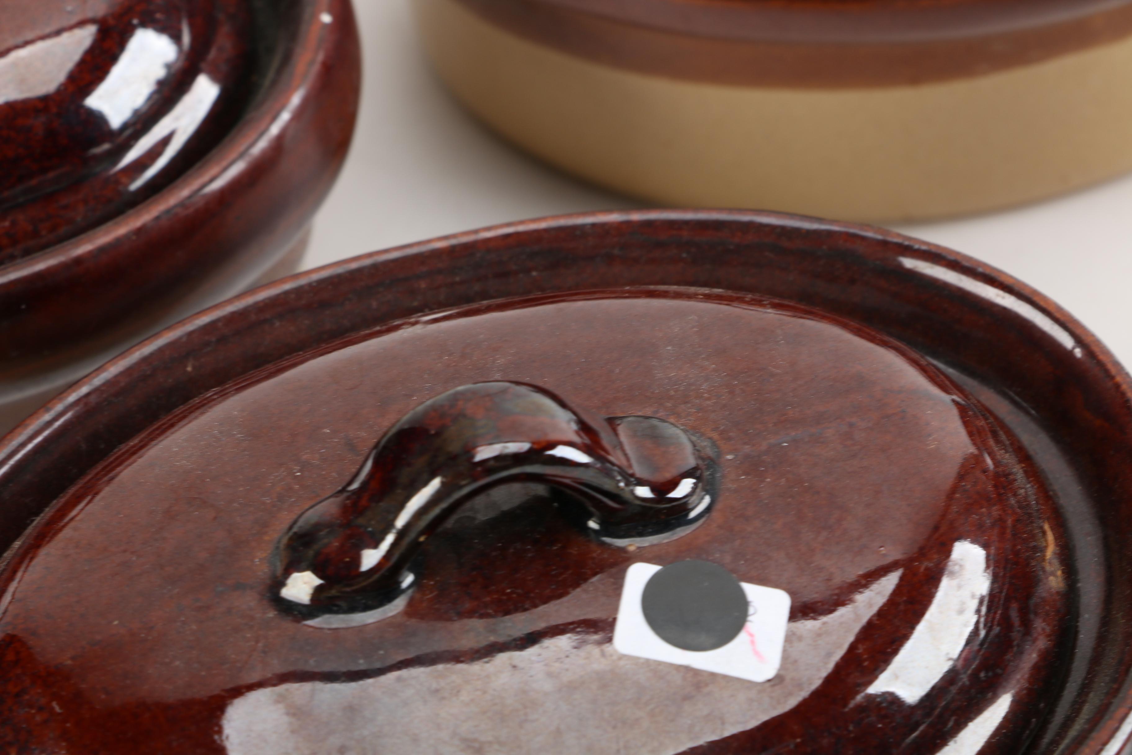 Vintage Shenango "Inca Ware" Platter and Brown Glazed Pottery Casserole Dishes