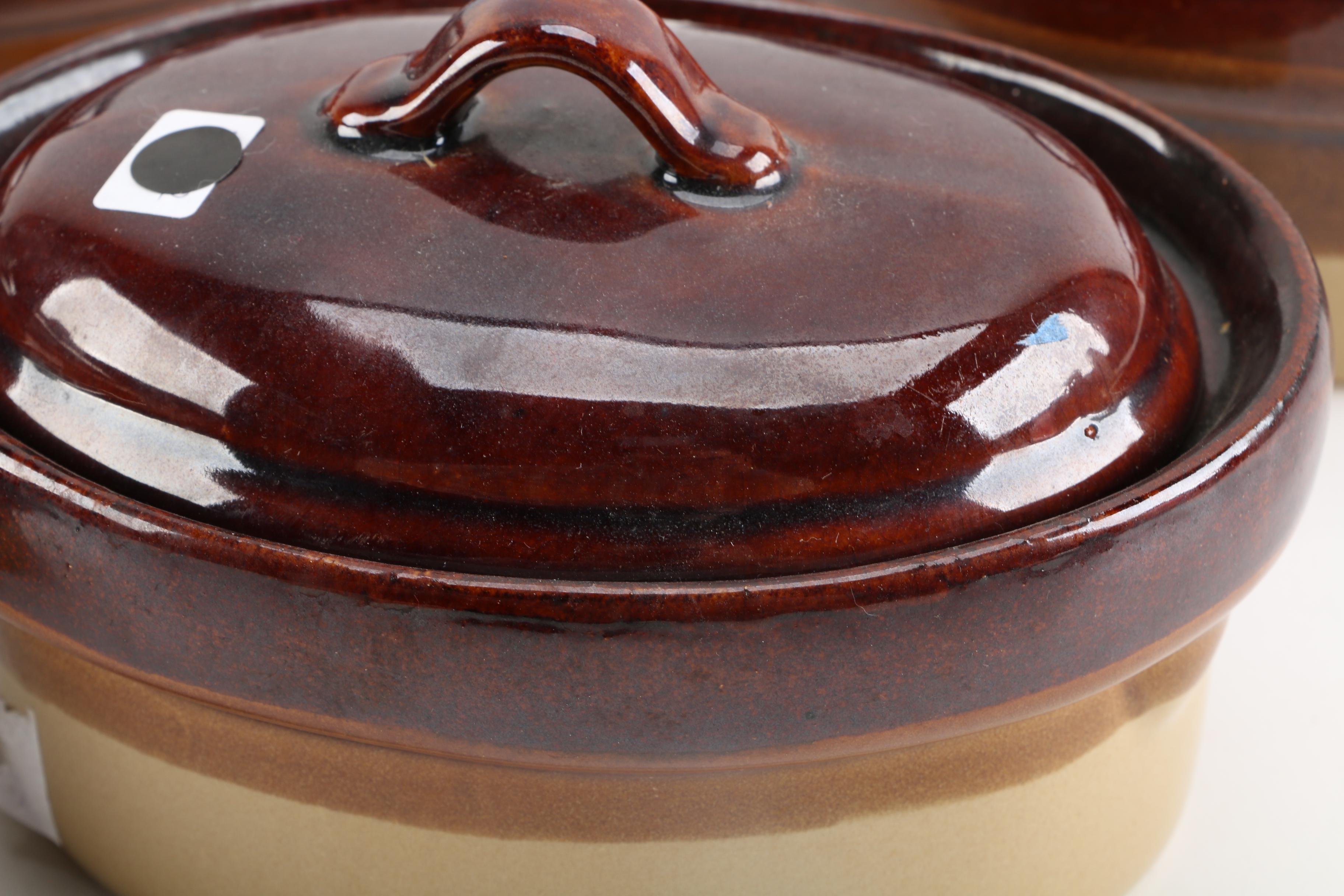 Vintage Shenango "Inca Ware" Platter and Brown Glazed Pottery Casserole Dishes