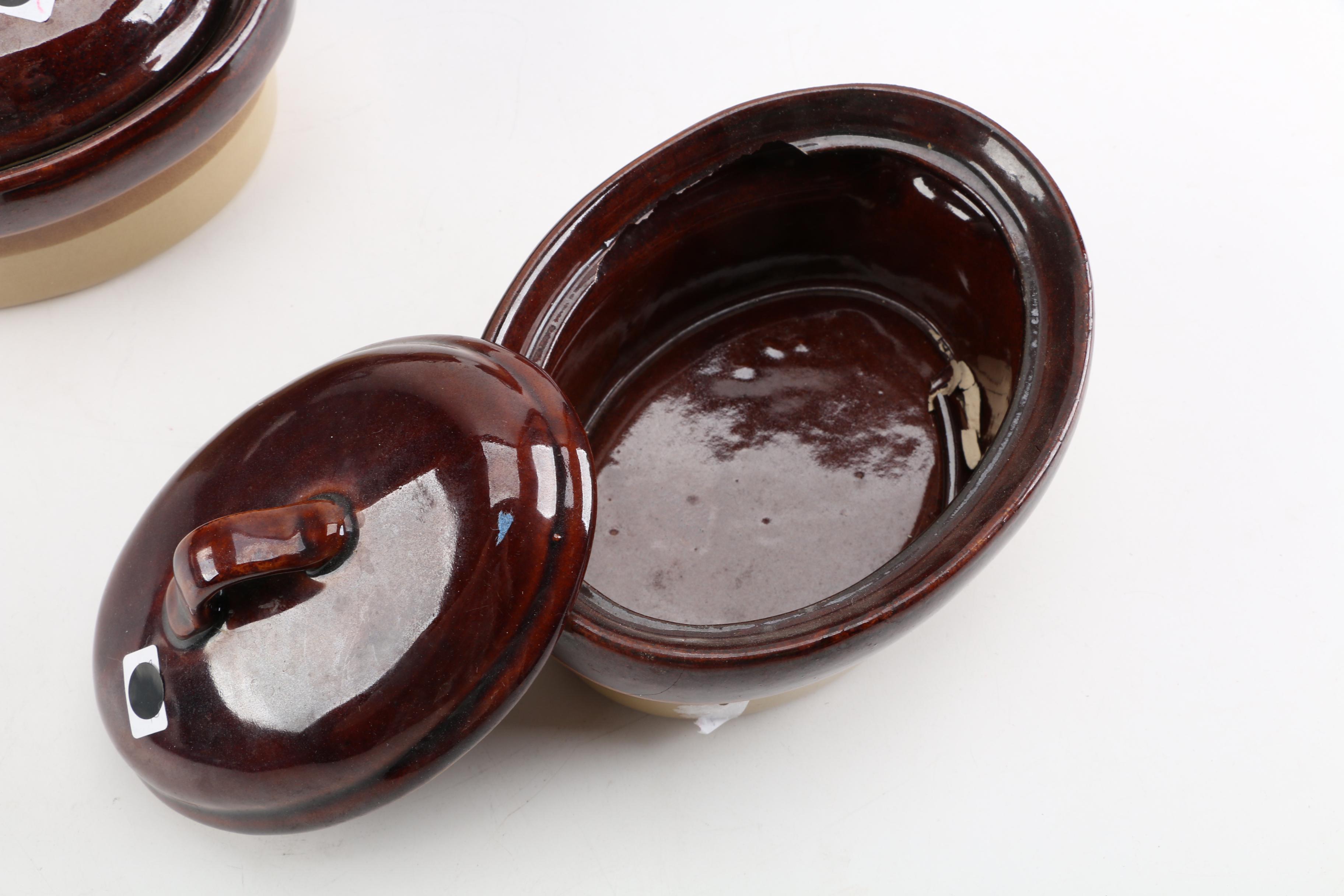 Vintage Shenango "Inca Ware" Platter and Brown Glazed Pottery Casserole Dishes