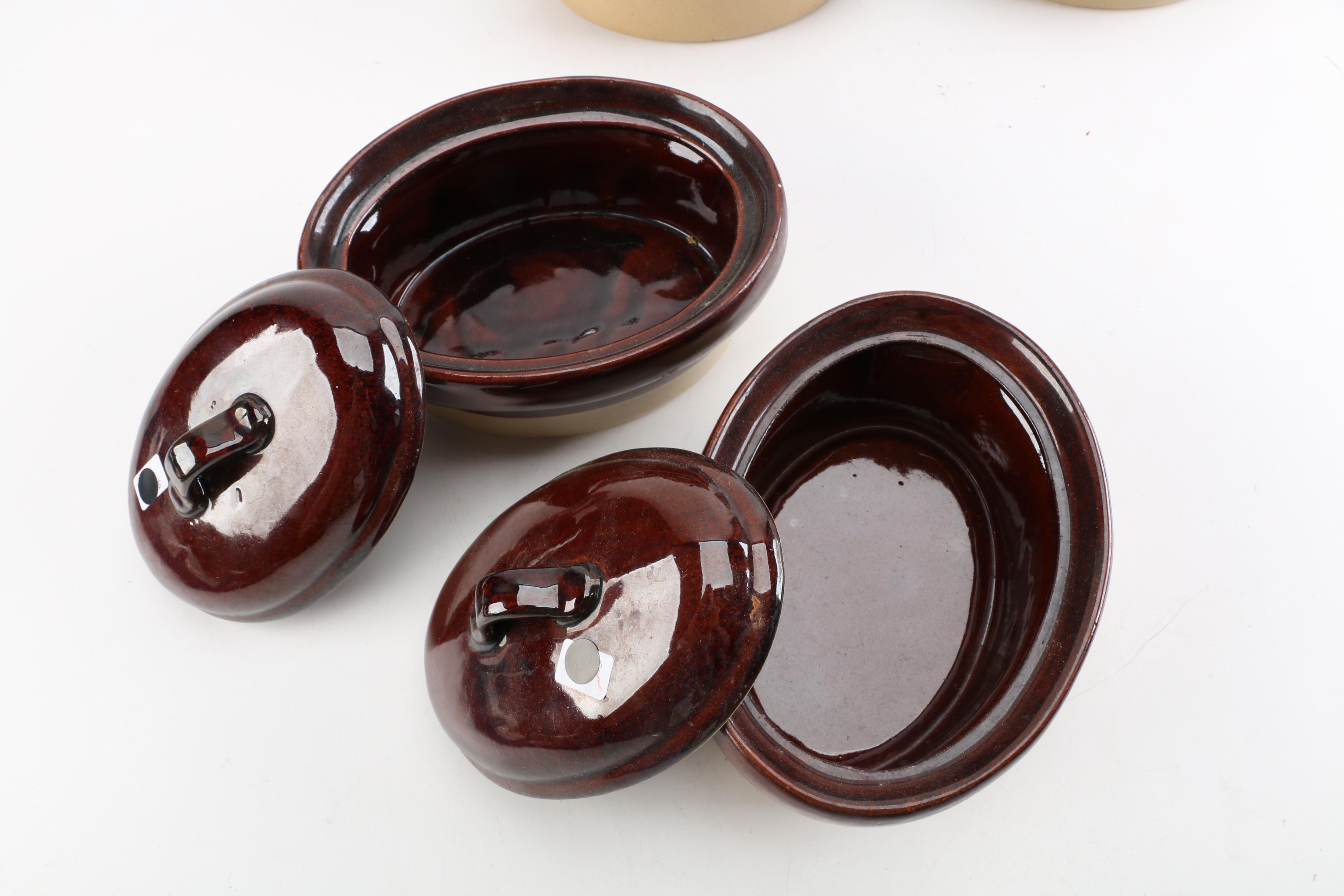 Vintage Shenango "Inca Ware" Platter and Brown Glazed Pottery Casserole Dishes