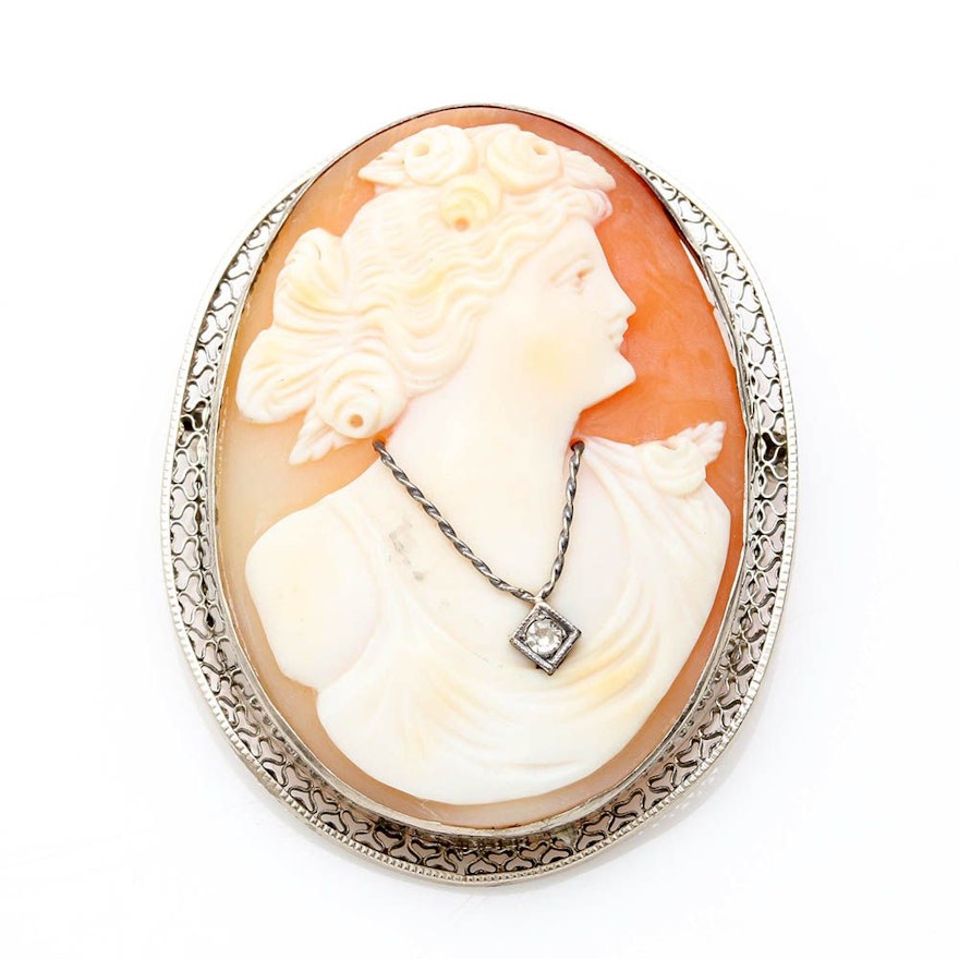 10K White Gold Helmet Shell Habillé Diamond Cameo Pendant Brooch