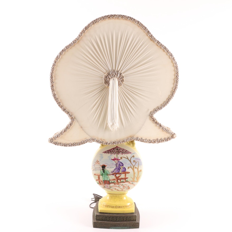 Asian Themed Ceramic Lamp with Fan Shade
