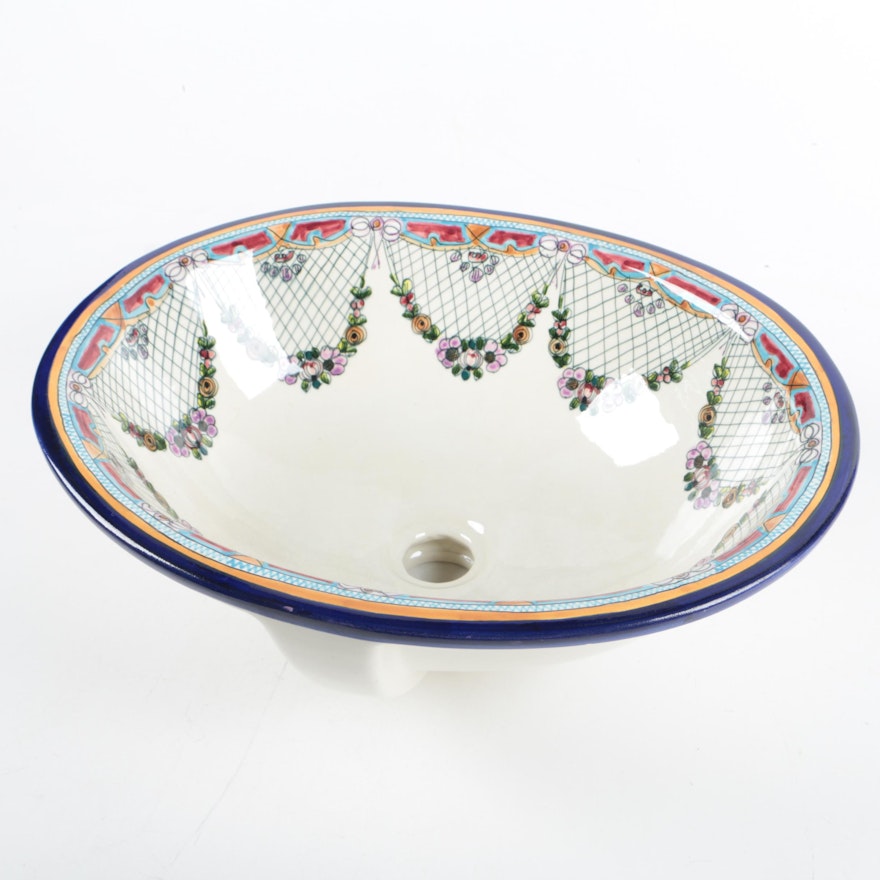 Oval Hand-Painted Porcelain Vessel Sink