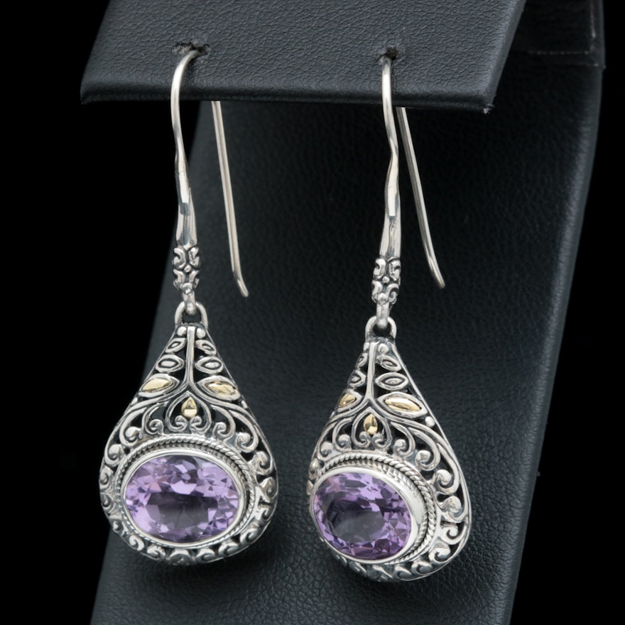 Robert Manse Sterling Silver, 18K Yellow Gold and Amethyst Dangle Earrings