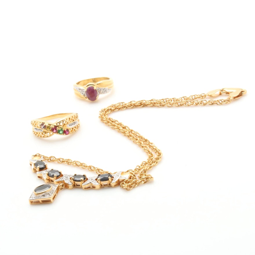 Assorted Ruby, Sapphire, Cubic Zirconia and Diamond Rings and Necklace