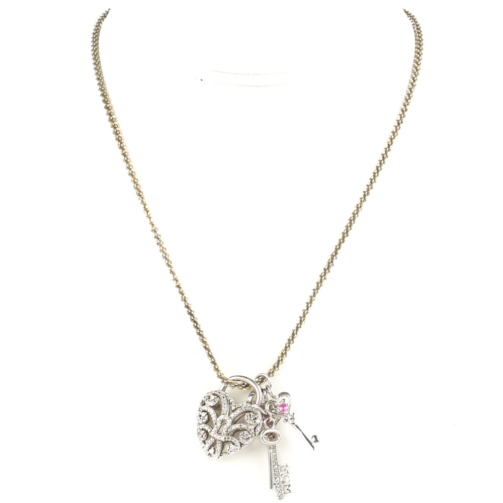 Sterling Silver and Diamond Heart and Keys Pendant Necklace