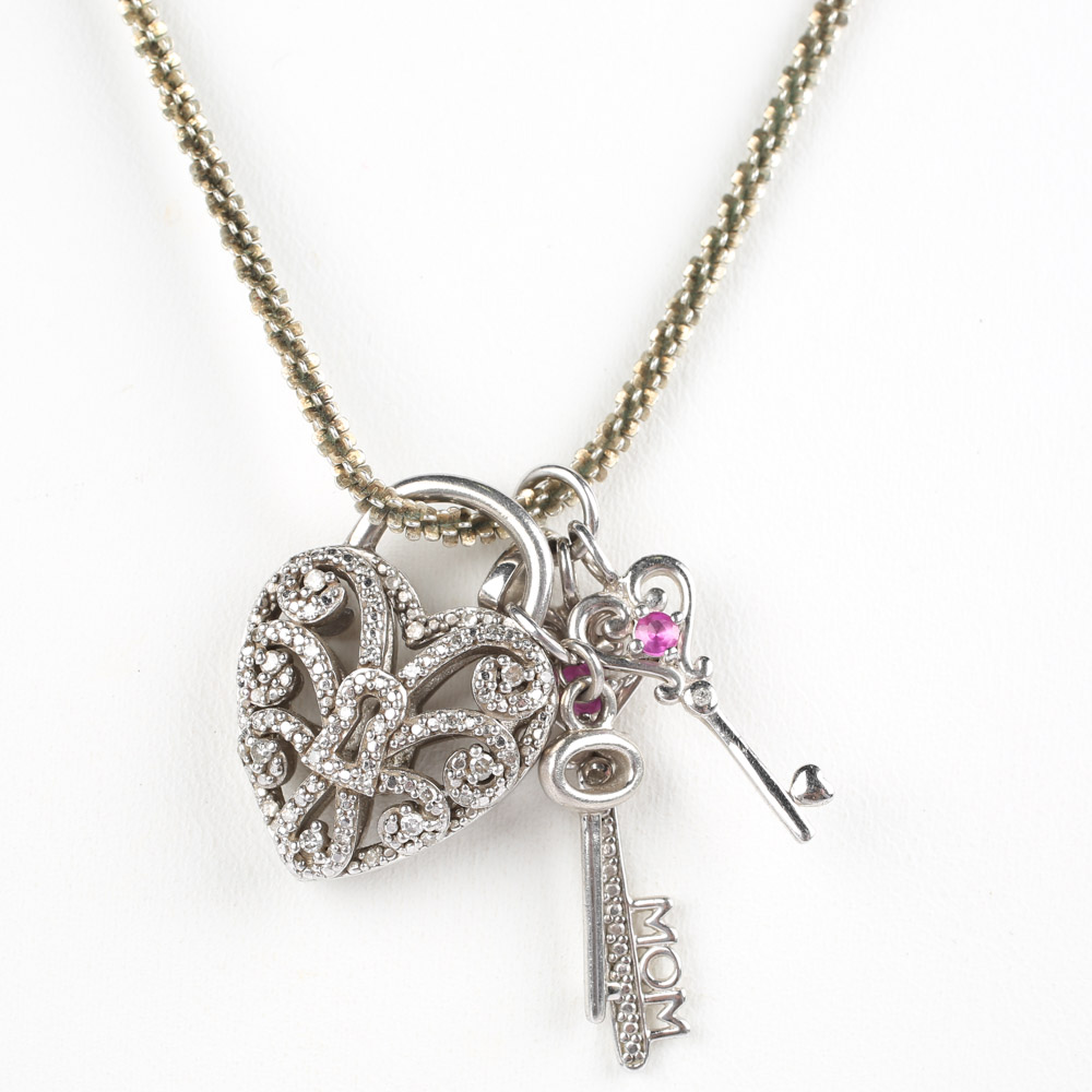 Sterling Silver and Diamond Heart and Keys Pendant Necklace