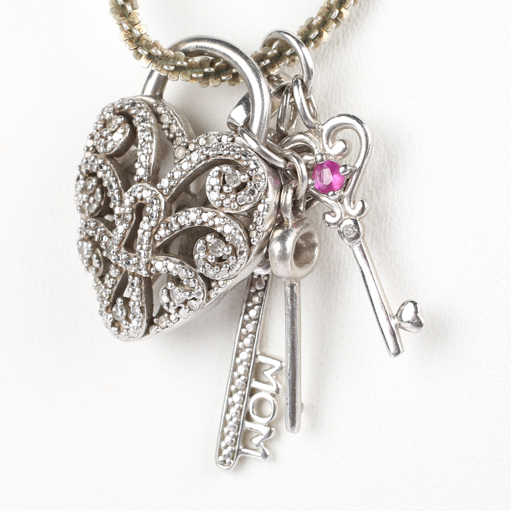Sterling Silver and Diamond Heart and Keys Pendant Necklace