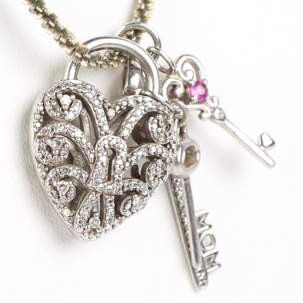 Sterling Silver and Diamond Heart and Keys Pendant Necklace