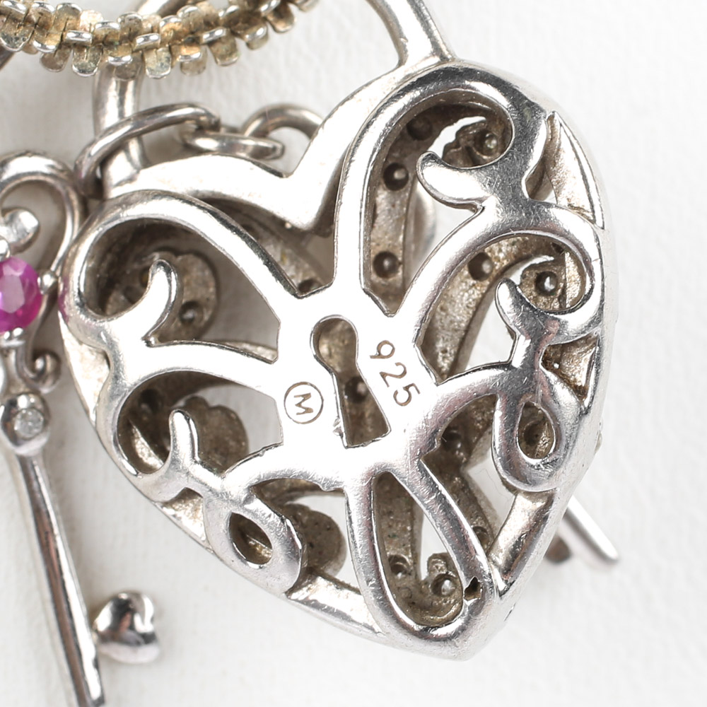 Sterling Silver and Diamond Heart and Keys Pendant Necklace