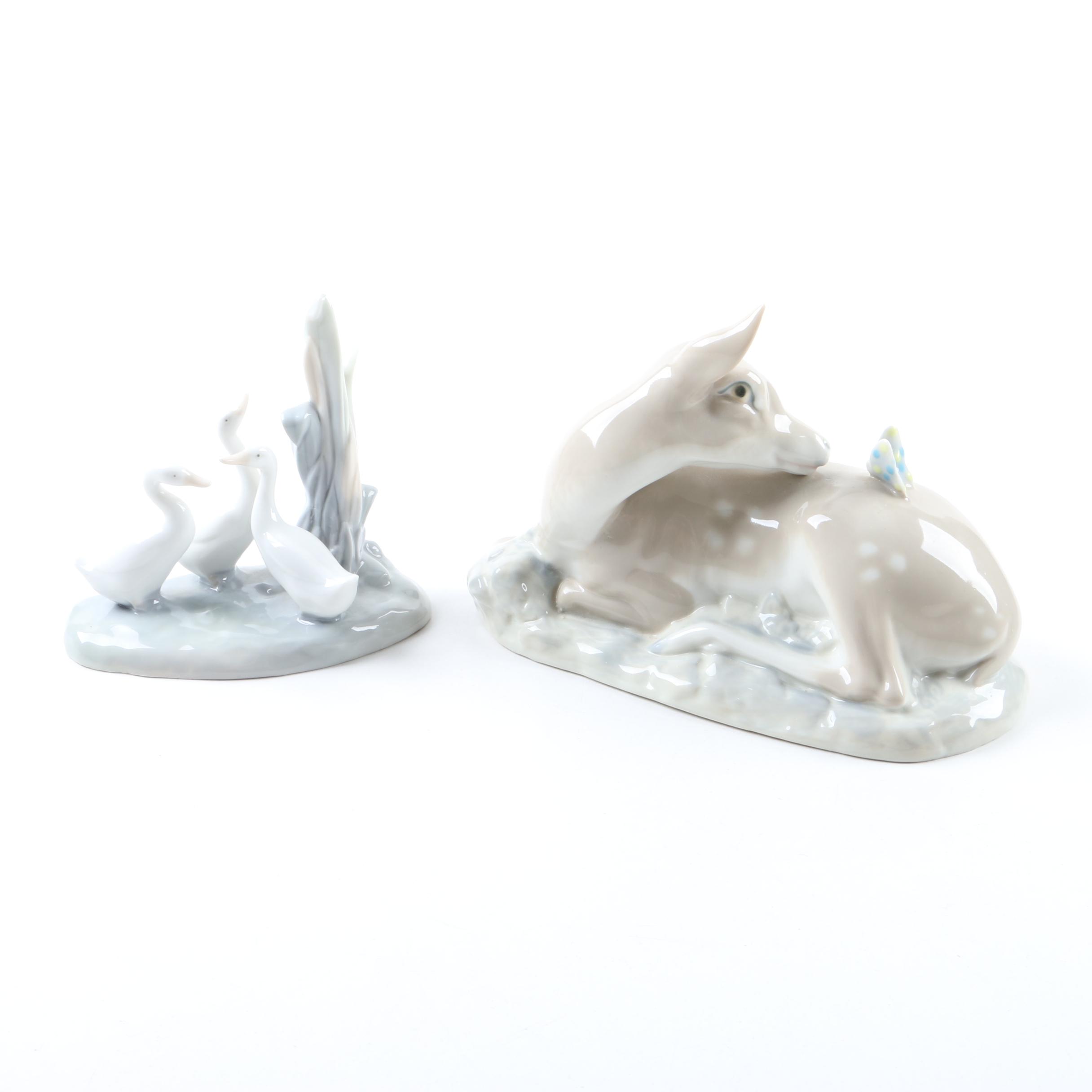 Lladró "Geese Group" and Rex Valencia "Deer with Butterfly" Figurines