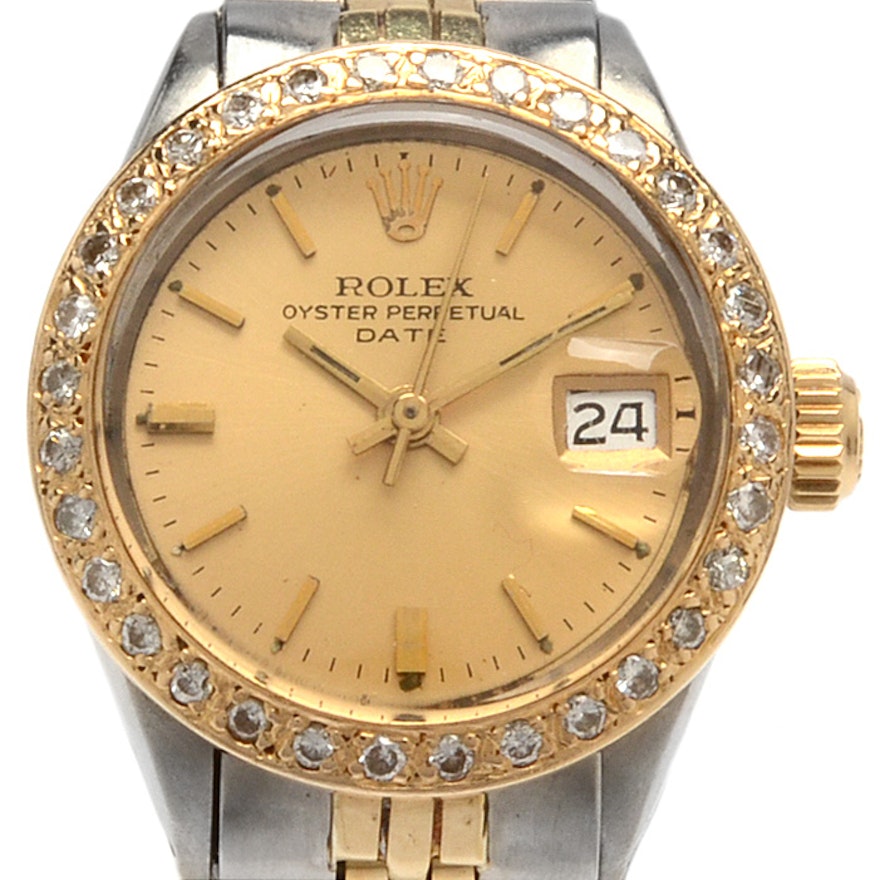 Rolex Oyster Perpetual Datejust 14K Gold Diamond Bezel Wristwatch