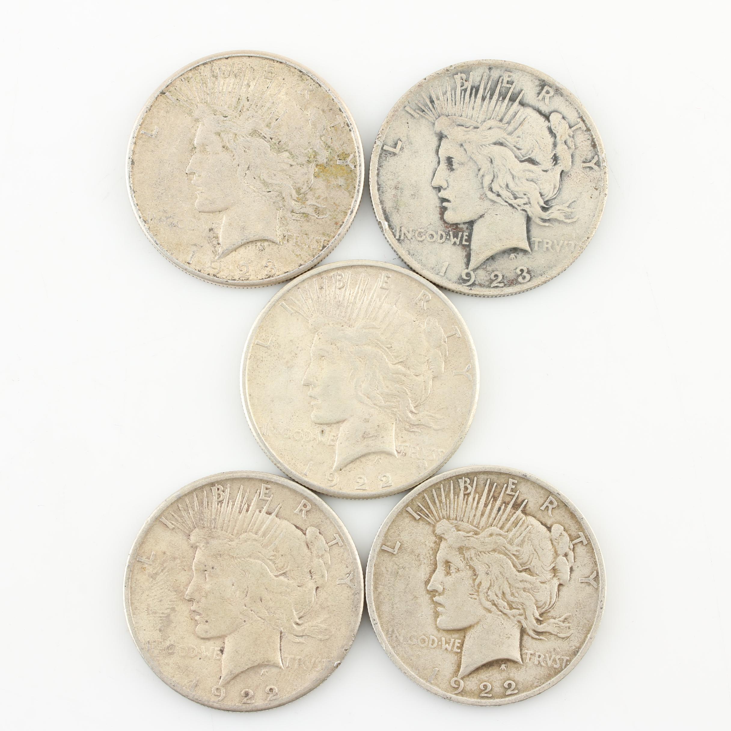 Five Peace Silver Dollars