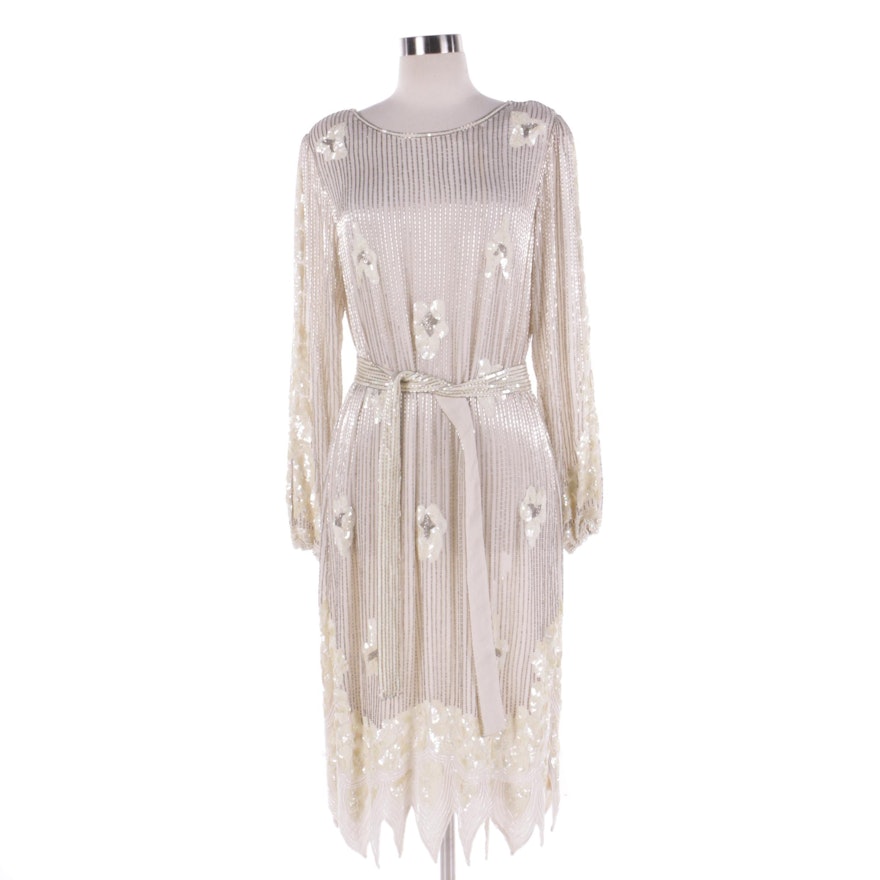 Vintage Embellished Beaded Silk Dress with Matching Sash