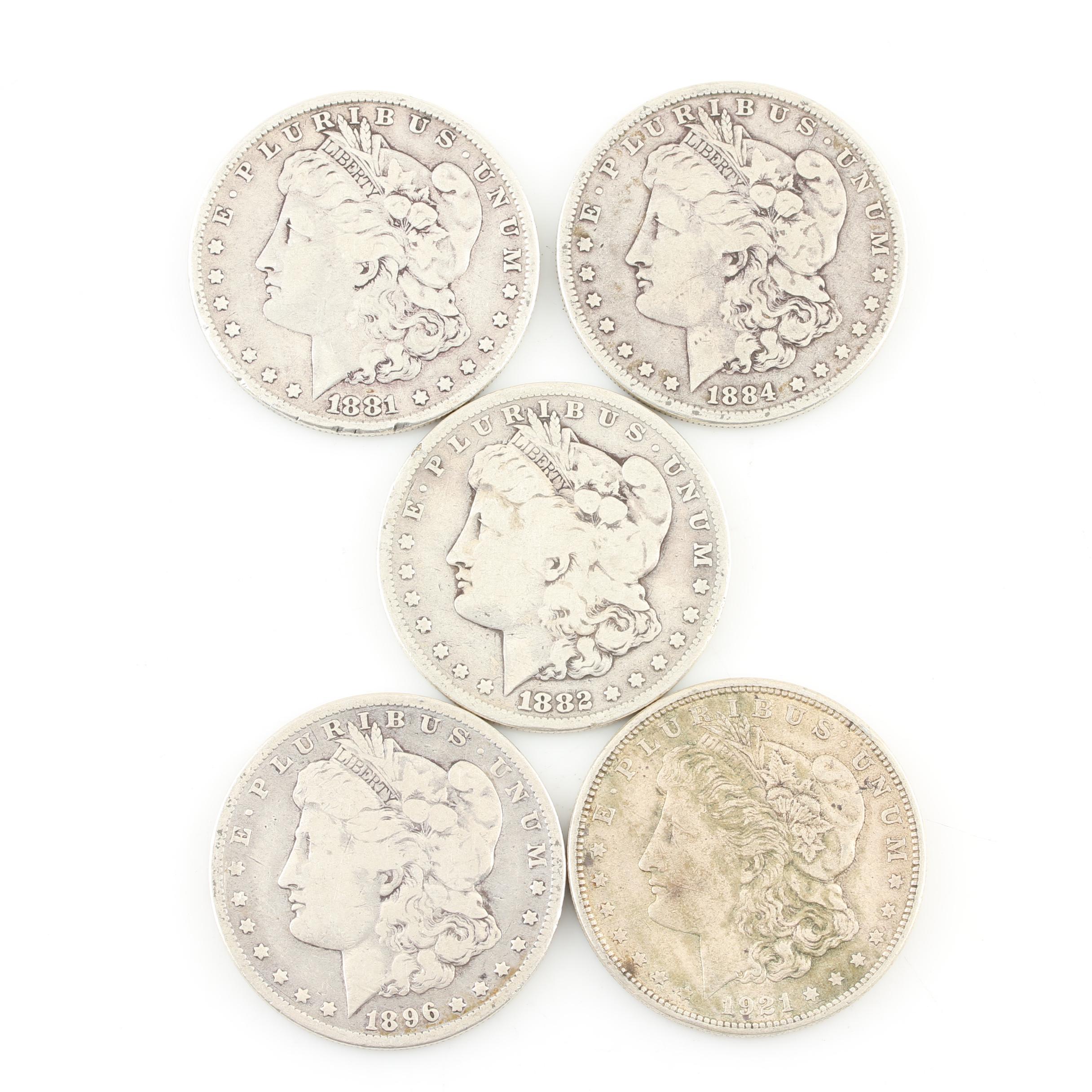 Five Morgan Silver Dollars