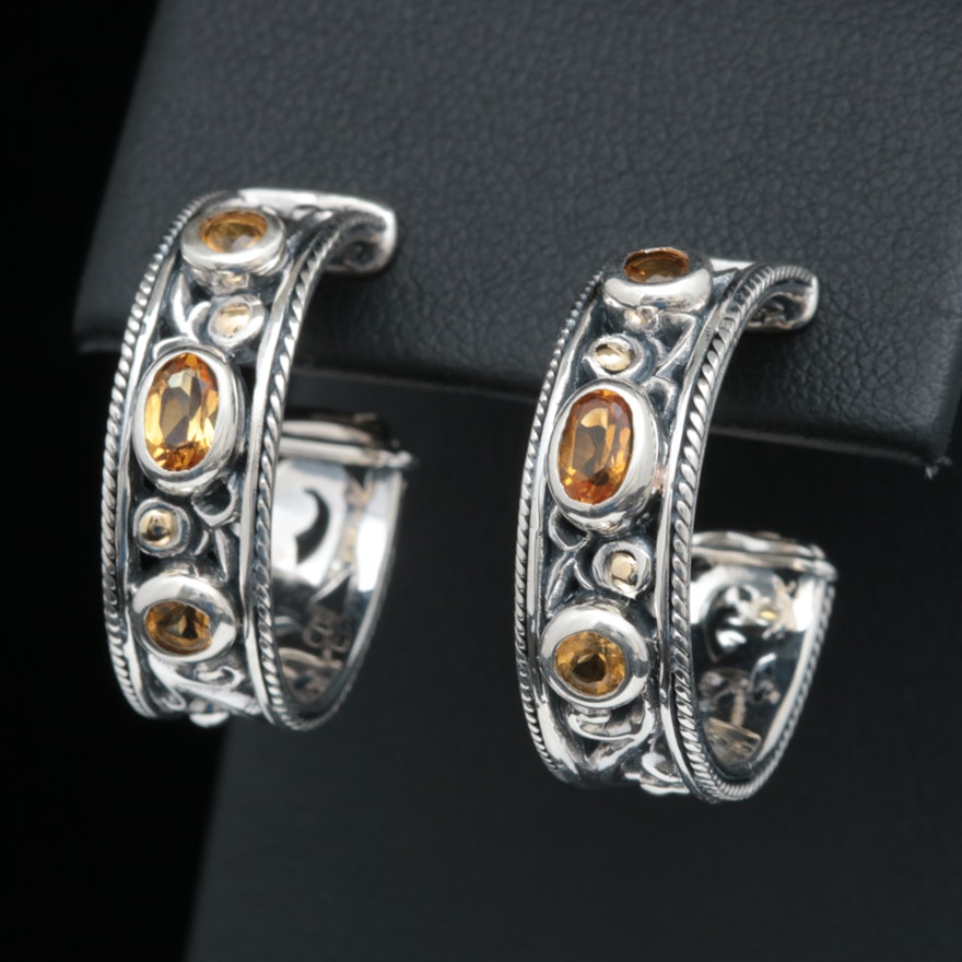 Robert Manse Sterling Silver, 18K Yellow Gold and Citrine Hoop Earrings