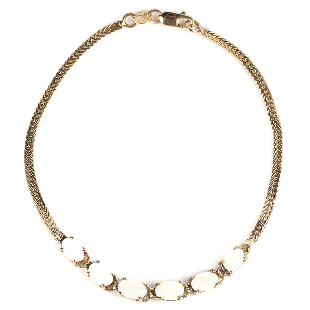 14K Yellow Gold and Opal Foxtail Bracelet
