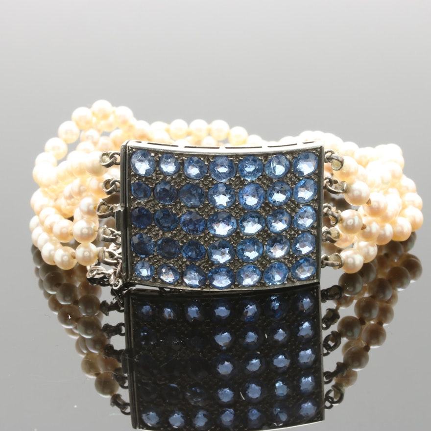 Cultured Pearl and Synthetic Sapphire Multi Strand Bracelet