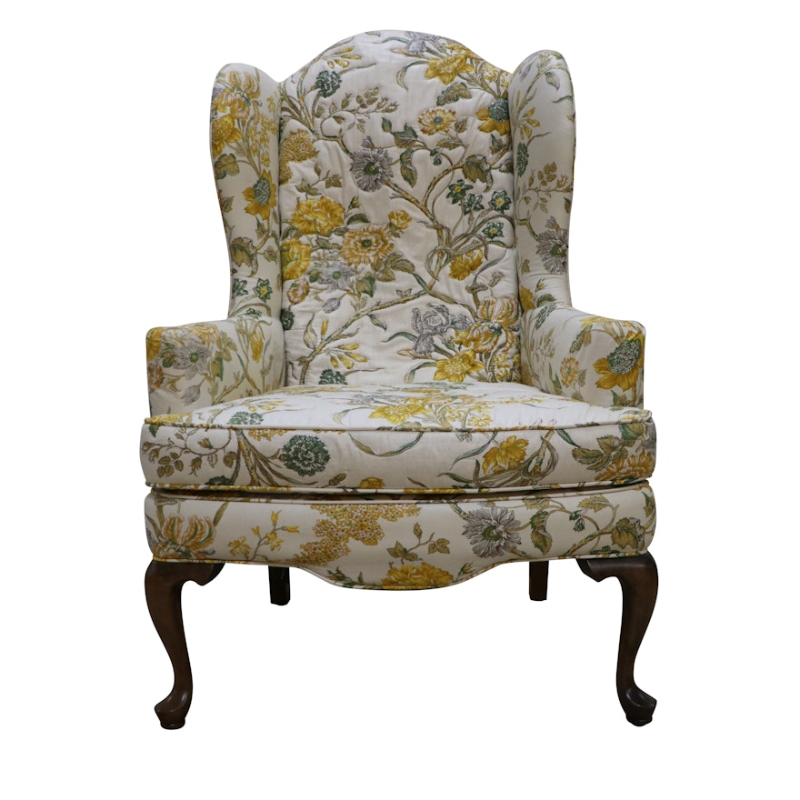 Vintage Queen Anne Style Upholstered Wingback Chair by Ethan Allen