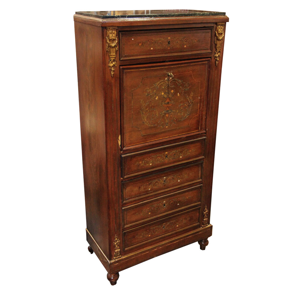 Antique Louis XVI Marquetry Secretaire Abattant with Marble Top