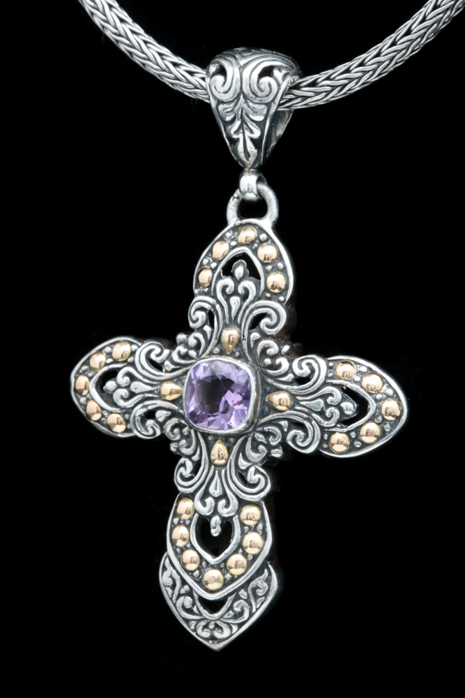 Sterling Silver, 18K Gold and Amethyst Cross Pendant with Robert Manse Chain