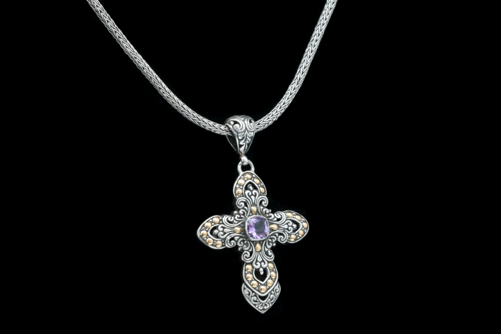 Sterling Silver, 18K Gold and Amethyst Cross Pendant with Robert Manse Chain