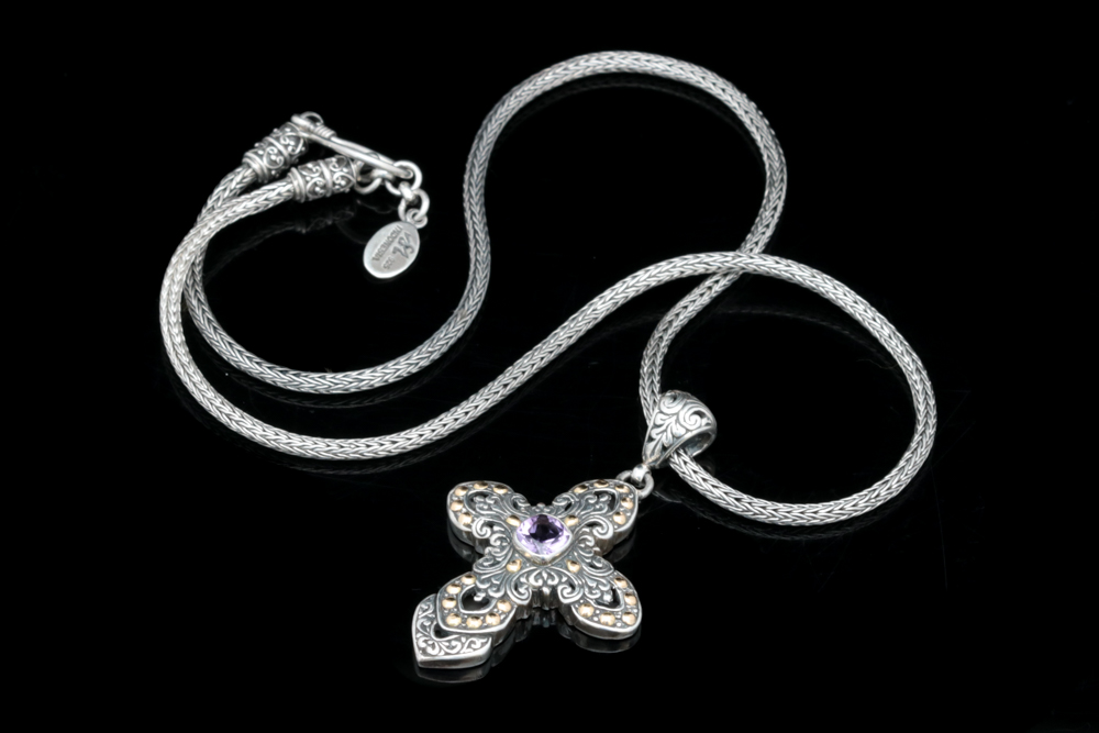 Sterling Silver, 18K Gold and Amethyst Cross Pendant with Robert Manse Chain