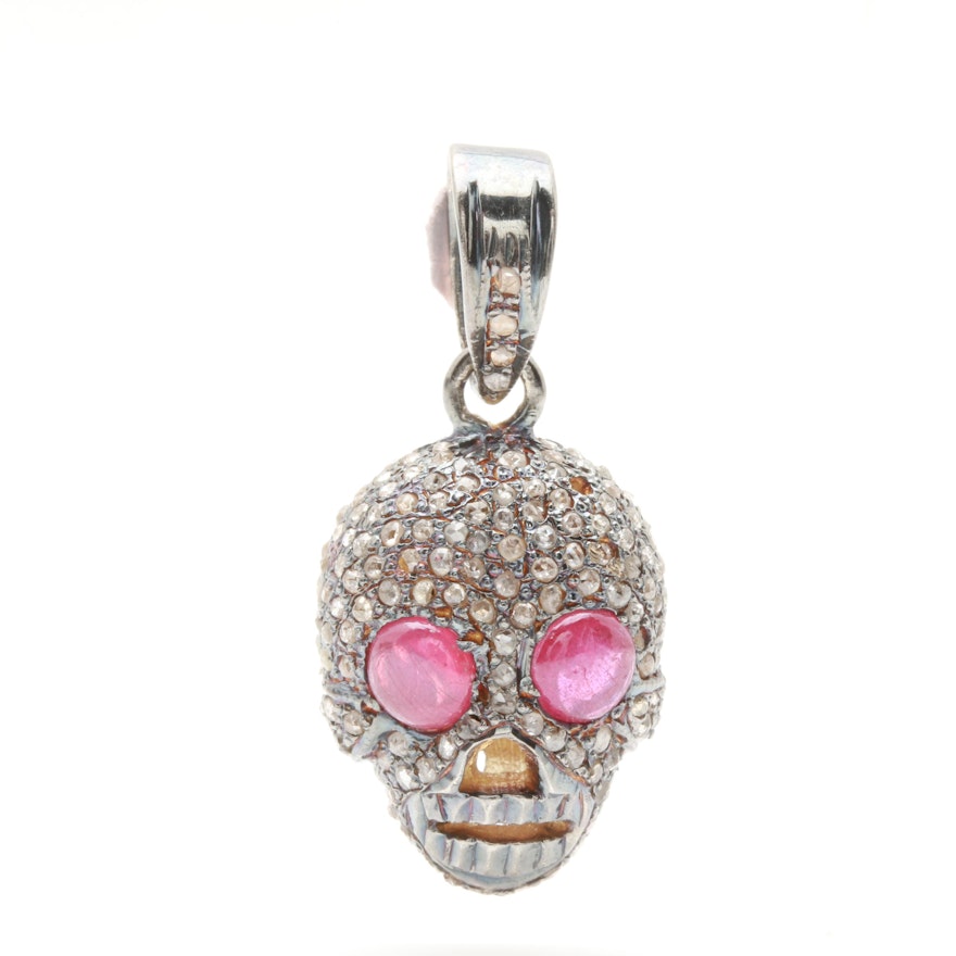Sterling Silver Diamond and Ruby Skull Pendant