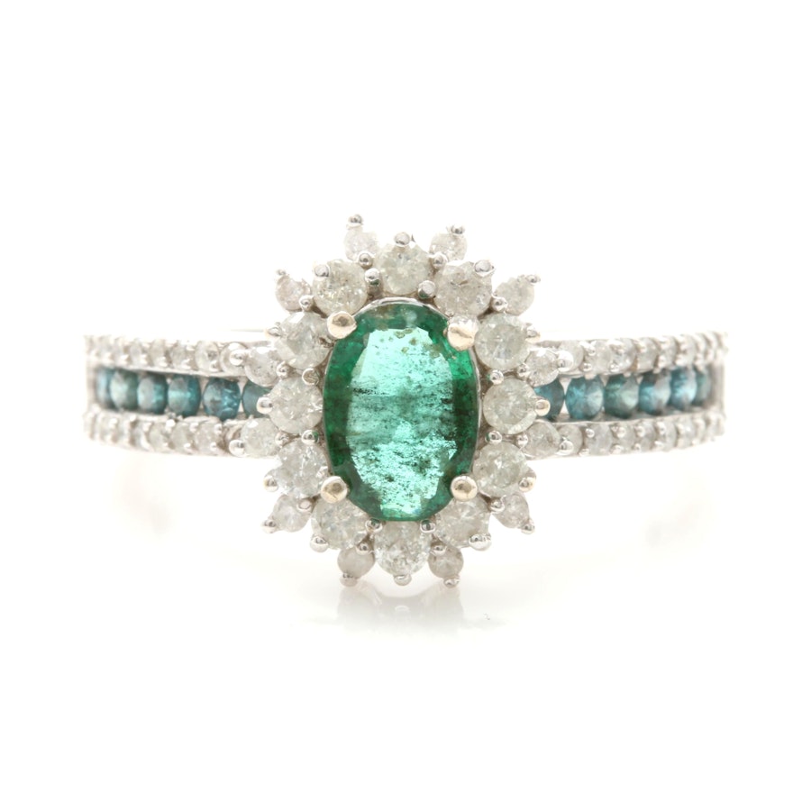 14K White Gold Emerald and Diamond Ring