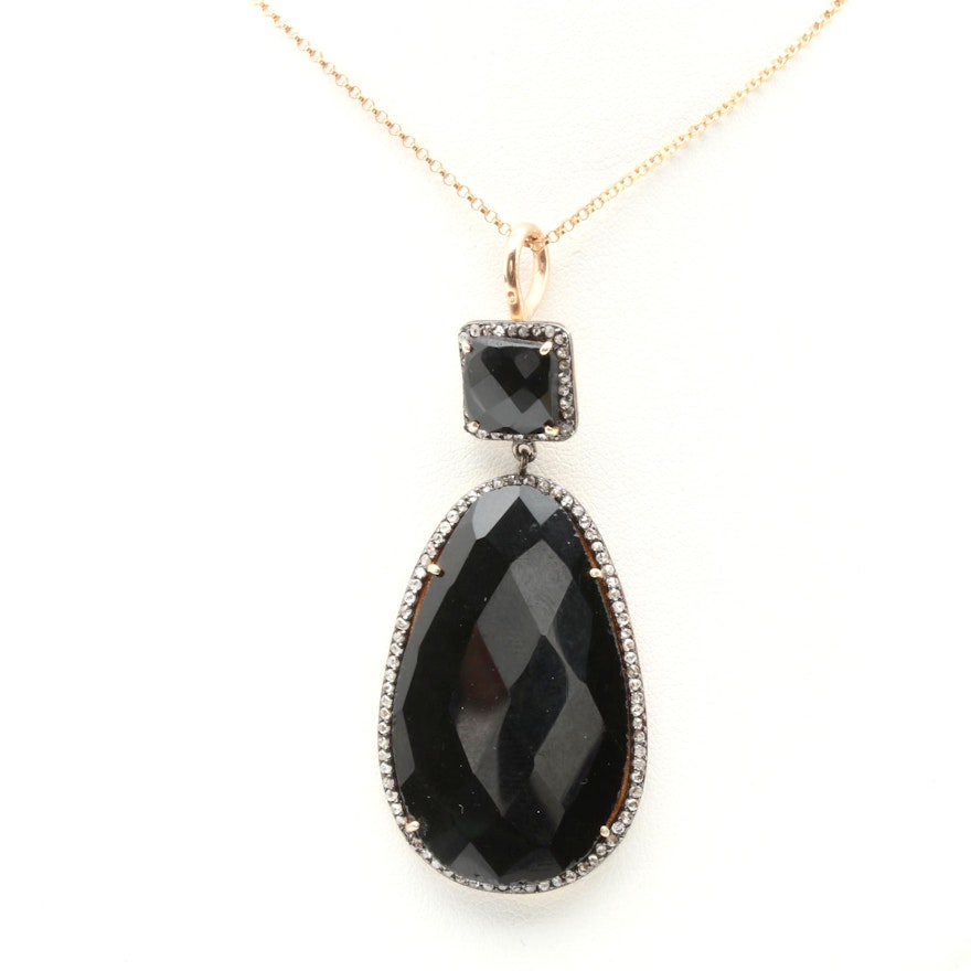 Gold Filled Black Onyx and Diamond Pendant Necklace