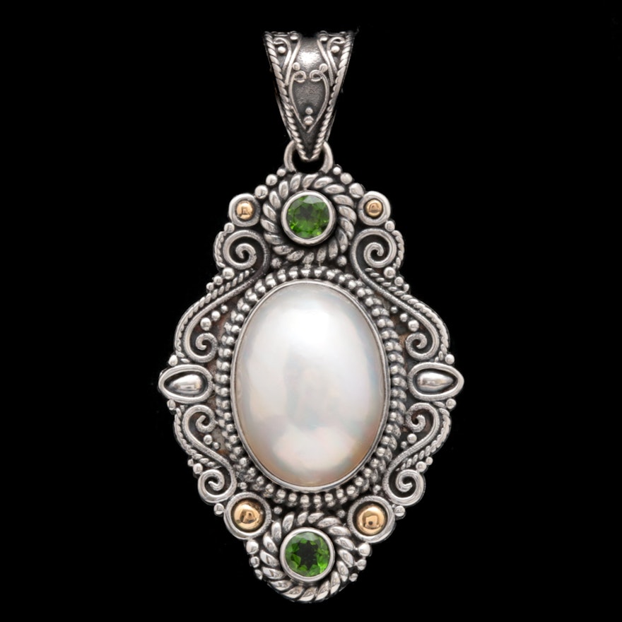 Robert Manse Sterling Silver, 18K Gold, Mabé Pearl and Chrome Diopside Pendant