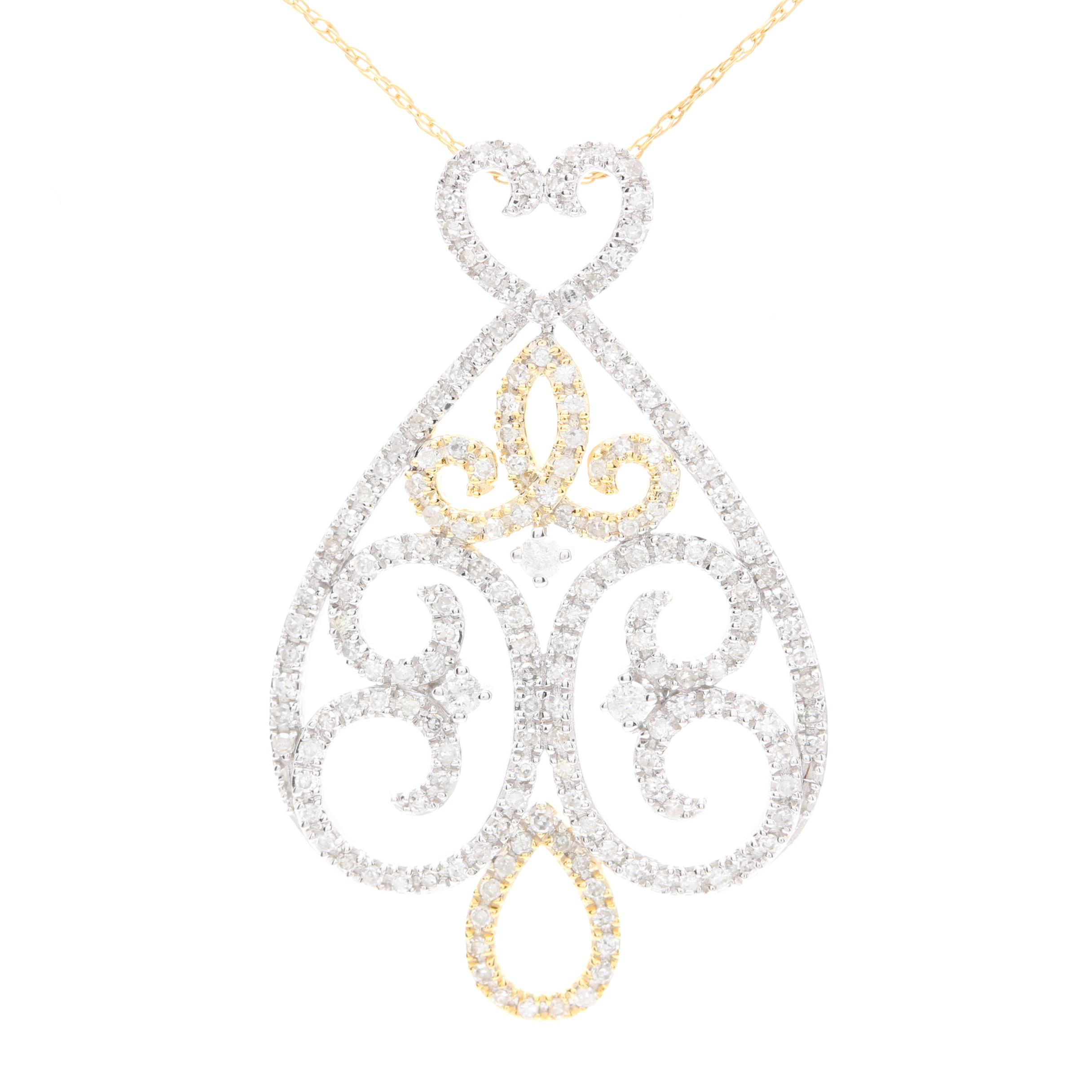 14K Yellow and White Gold Diamond Pendant Necklace
