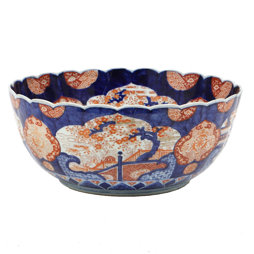 Very Large Meiji Period Japanese Imari Bowl with Scalloped Rim