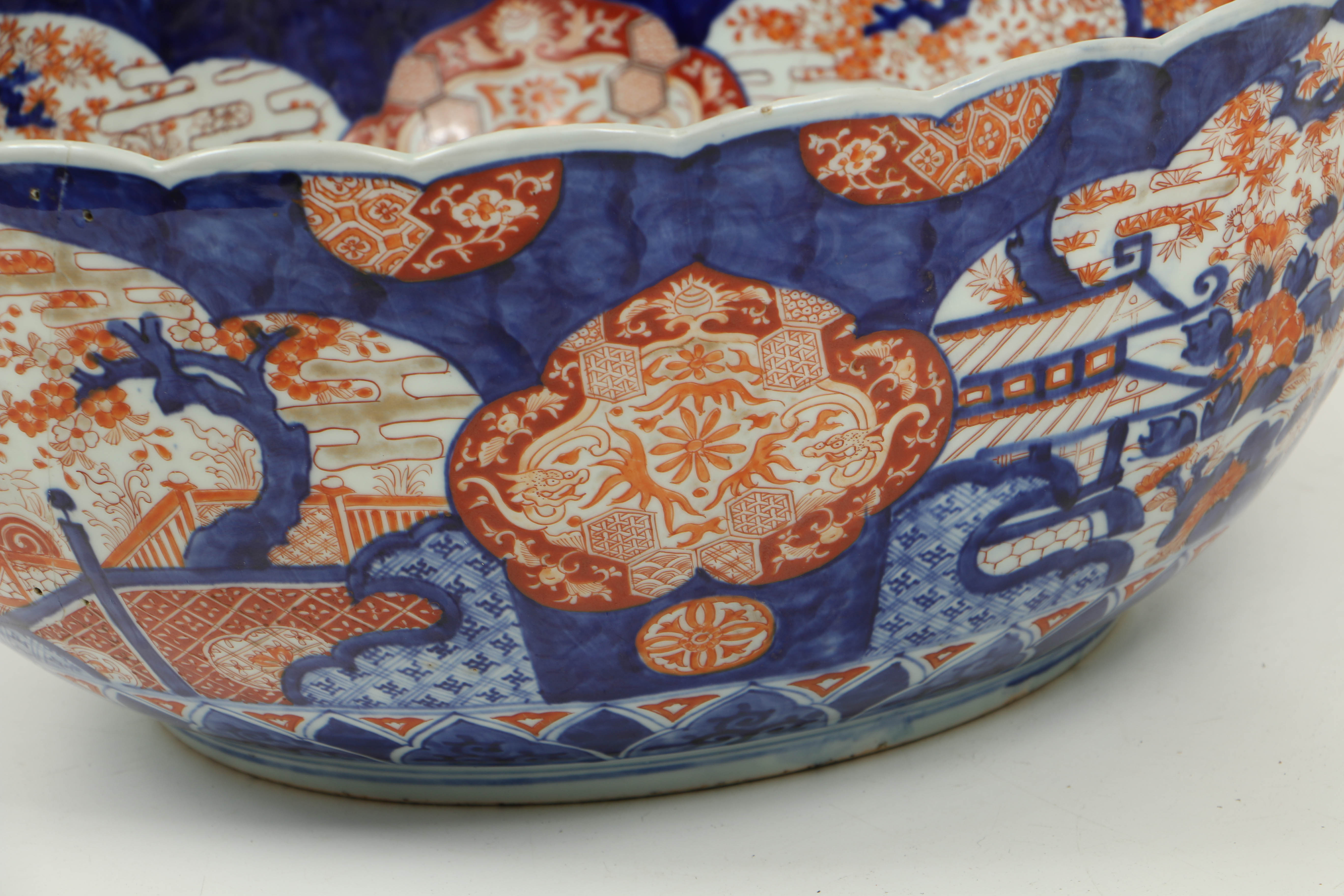 Very Large Meiji Period Japanese Imari Bowl with Scalloped Rim