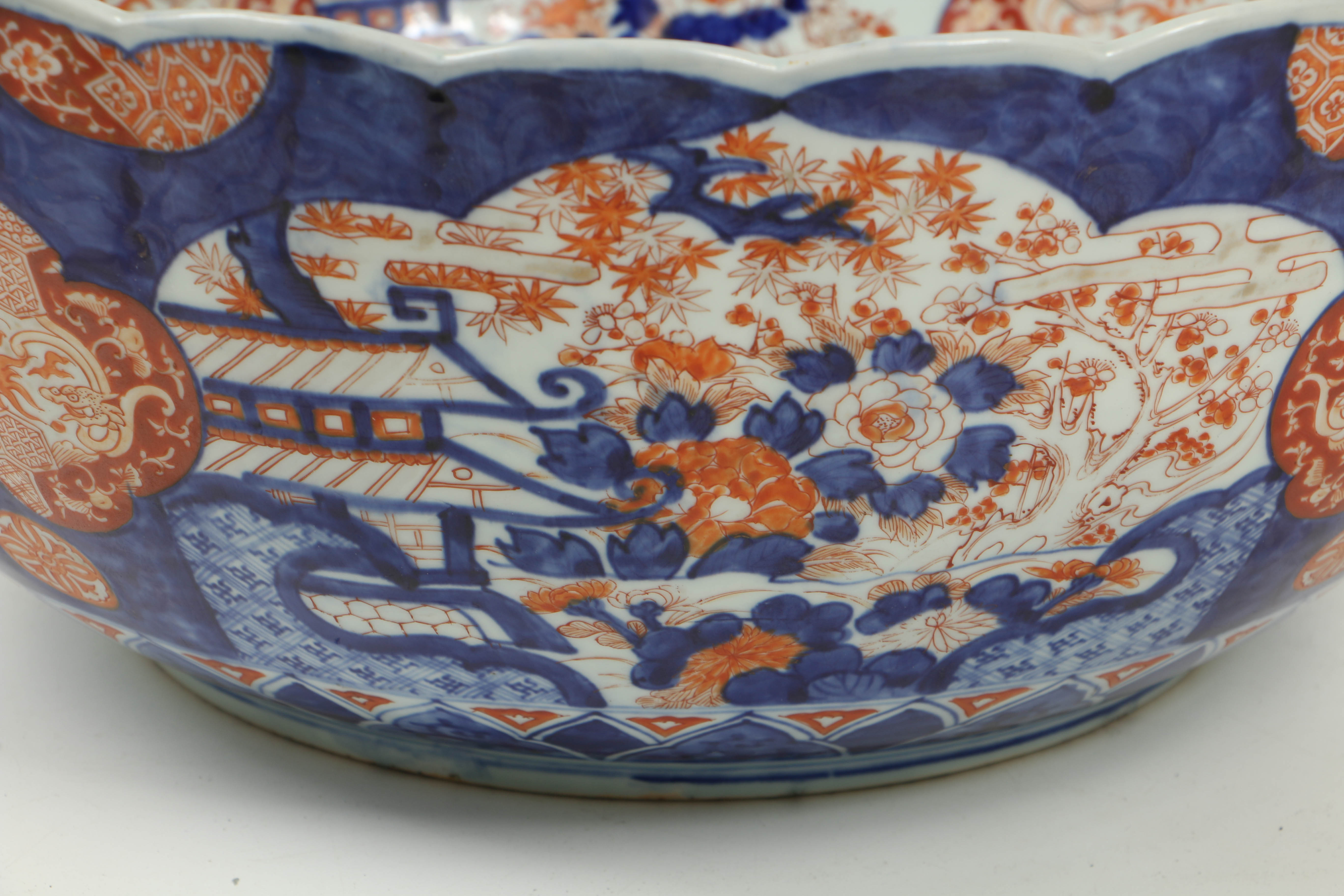 Very Large Meiji Period Japanese Imari Bowl with Scalloped Rim