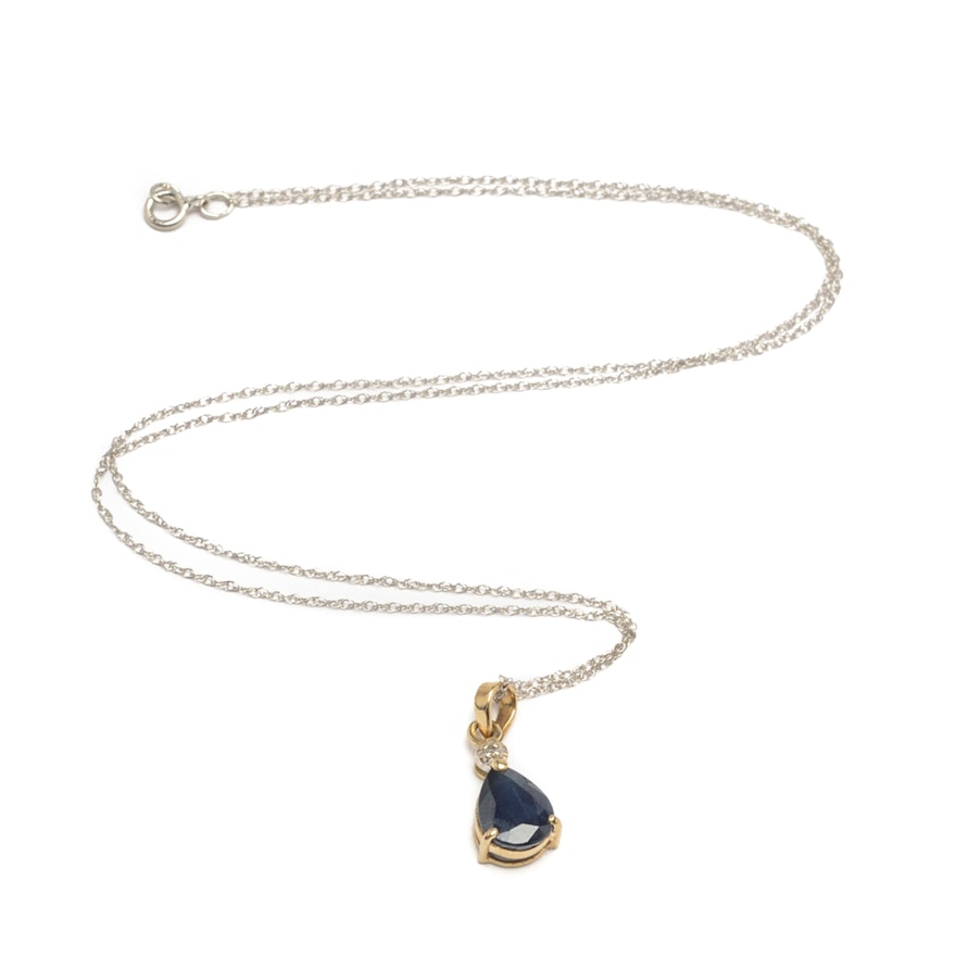 14K White and Yellow Gold Sapphire and Diamond Pendant Necklace